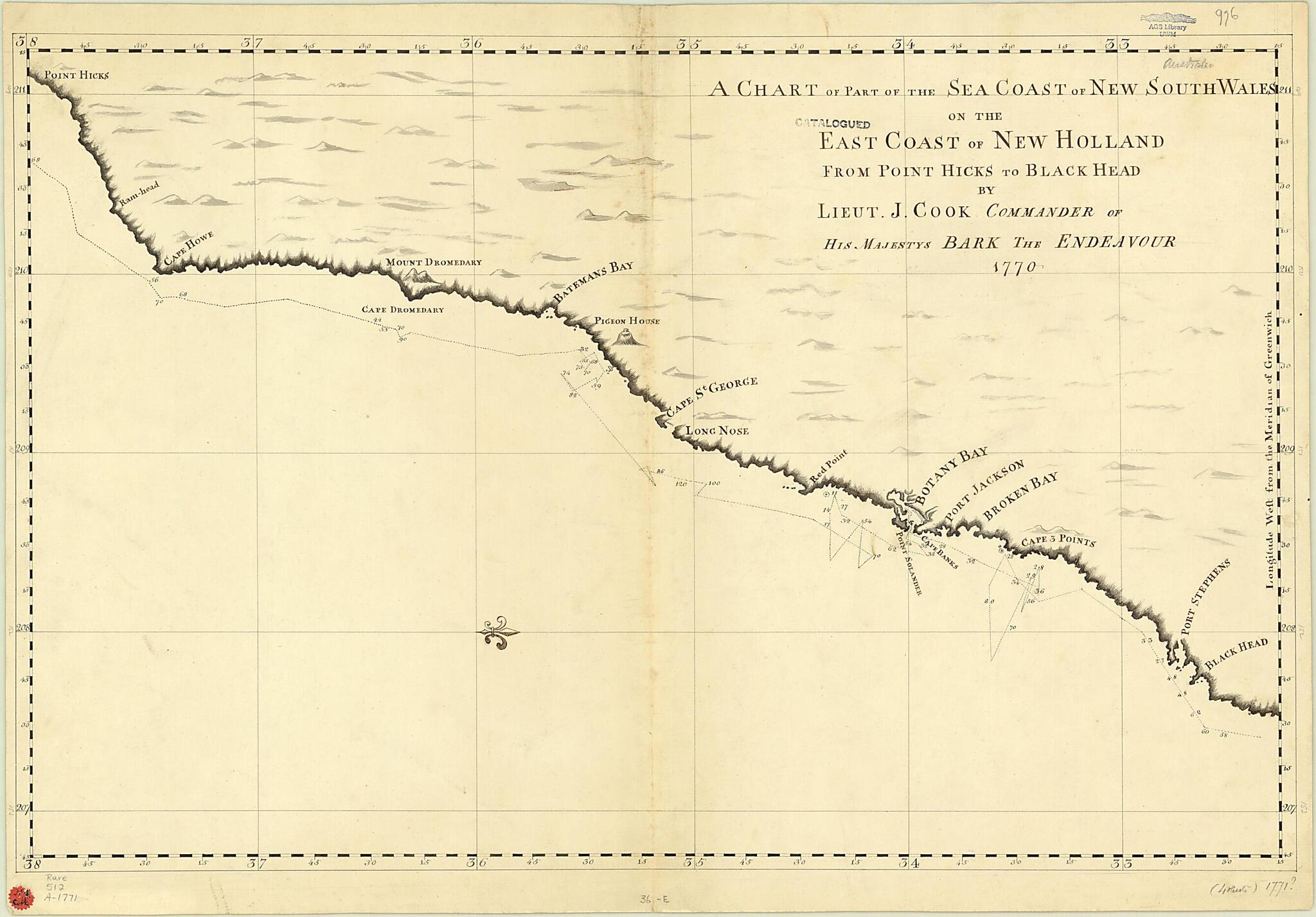 This old map of A Chart of Part of the Sea Coast of New South Wales On the East Coast of New Holland from Point Hicks to Black Head from 1771 was created by James Cook in 1771