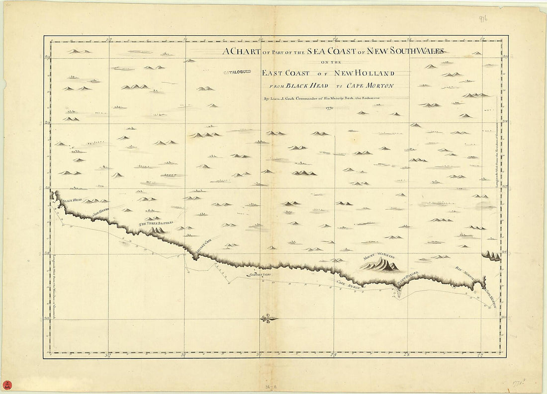 This old map of A Chart of Part of the Sea Coast of New South Wales On the East Coast of New Holland from Black Head to Cape Morton from 1771 was created by James Cook in 1771