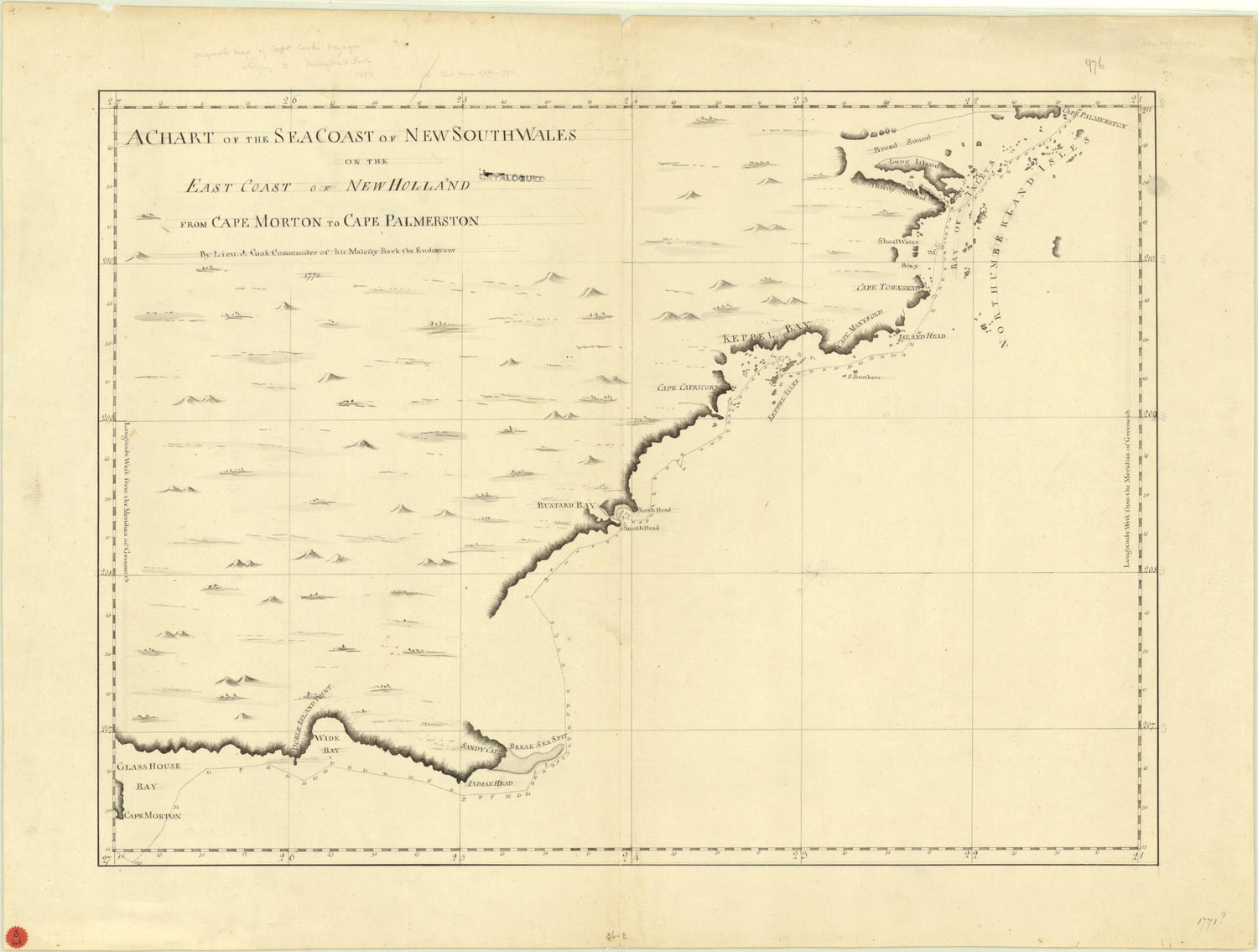 This old map of A Chart of Part of the Sea Coast of New South Wales On the East Coast of New Holland from Cape Morton to Cape Palmerston from 1771 was created by James Cook in 1771