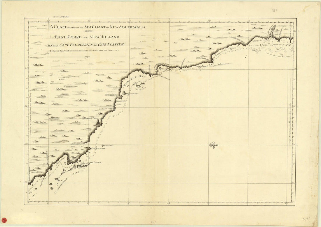 This old map of A Chart of Part of the Sea Coast of New South Wales On the East Coast of New Holland from Cape Palmerston to Cape Flattery from 1771 was created by James Cook in 1771