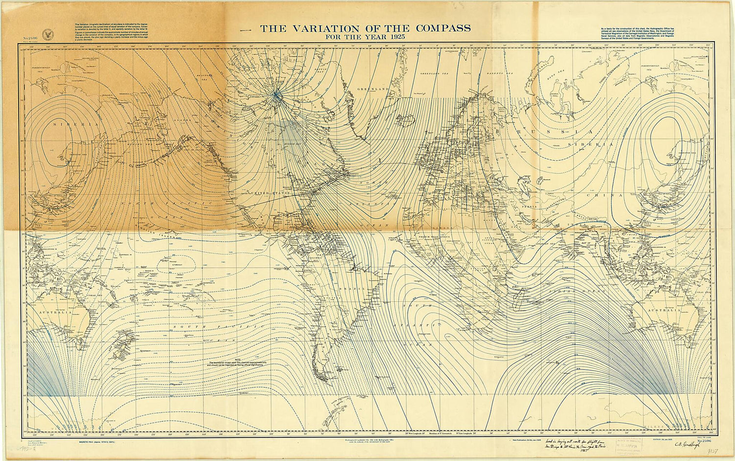 This old map of Variations of the Compass for the Year 1925 from 1926 was created by Charles A. (Charles Augustus) Lindbergh,  United States. Hydrographic Office in 1926