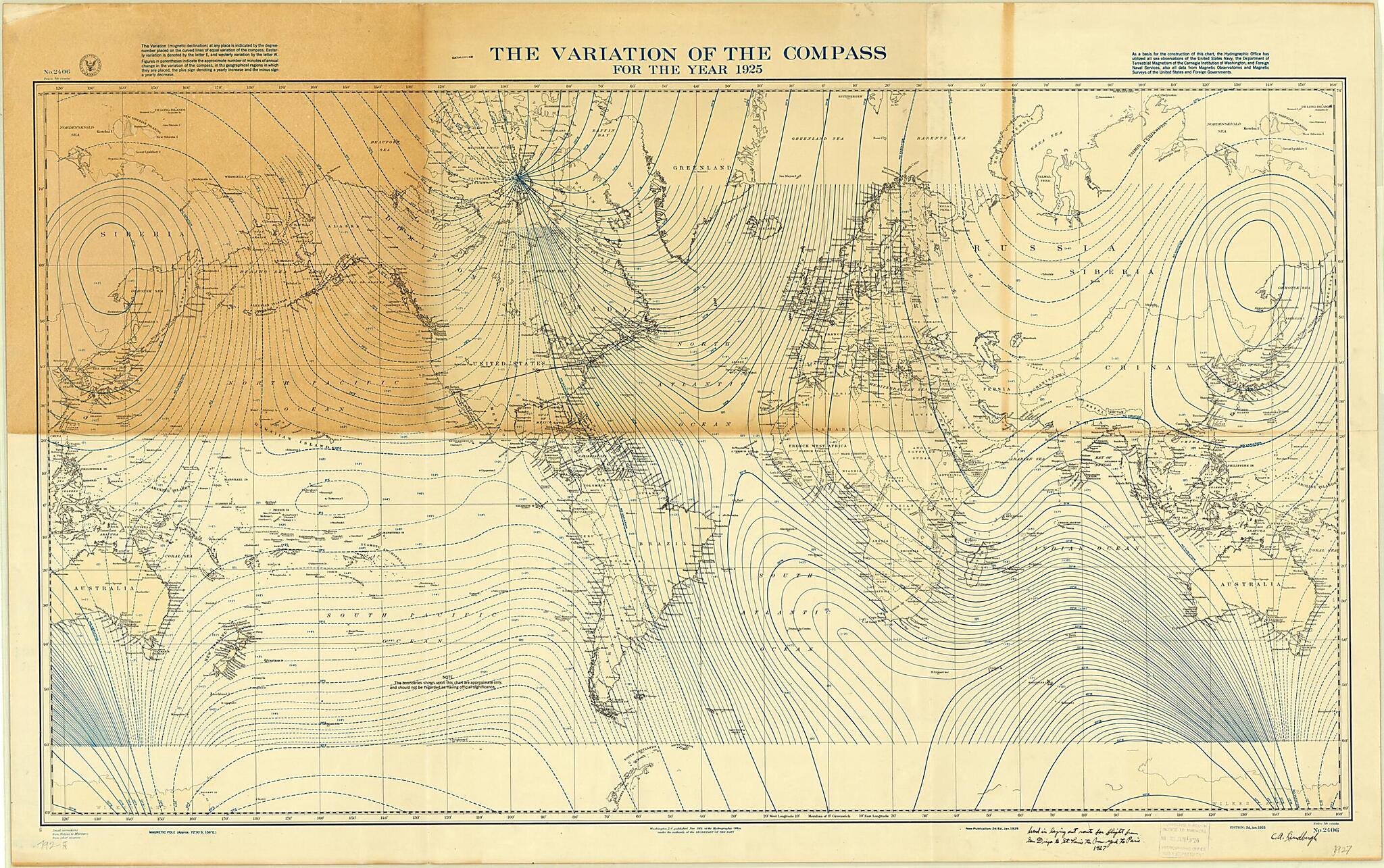 This old map of Variations of the Compass for the Year 1925 from 1926 was created by Charles A. (Charles Augustus) Lindbergh,  United States. Hydrographic Office in 1926