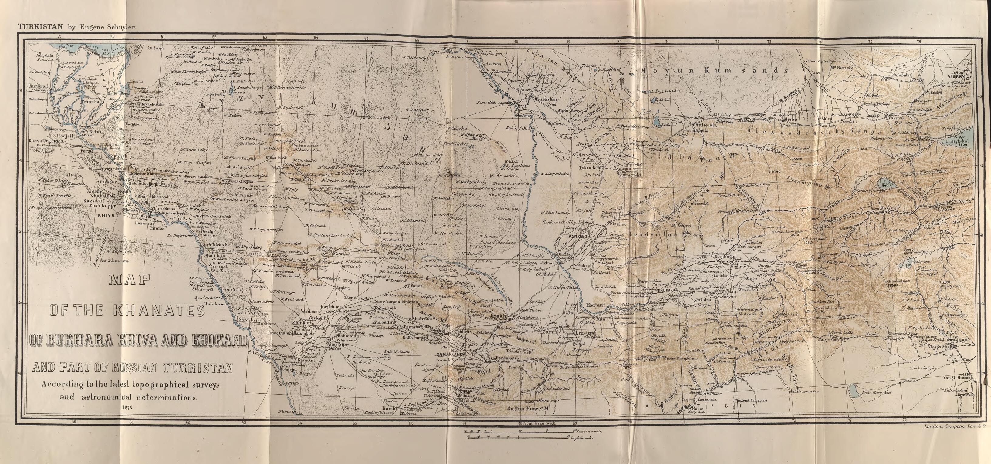 This old map of Map of the Khanates of Bukhara, Khiva, and Khokand and Part of Russian Turkistan from 1875 was created by Eugene Schuyler in 1875