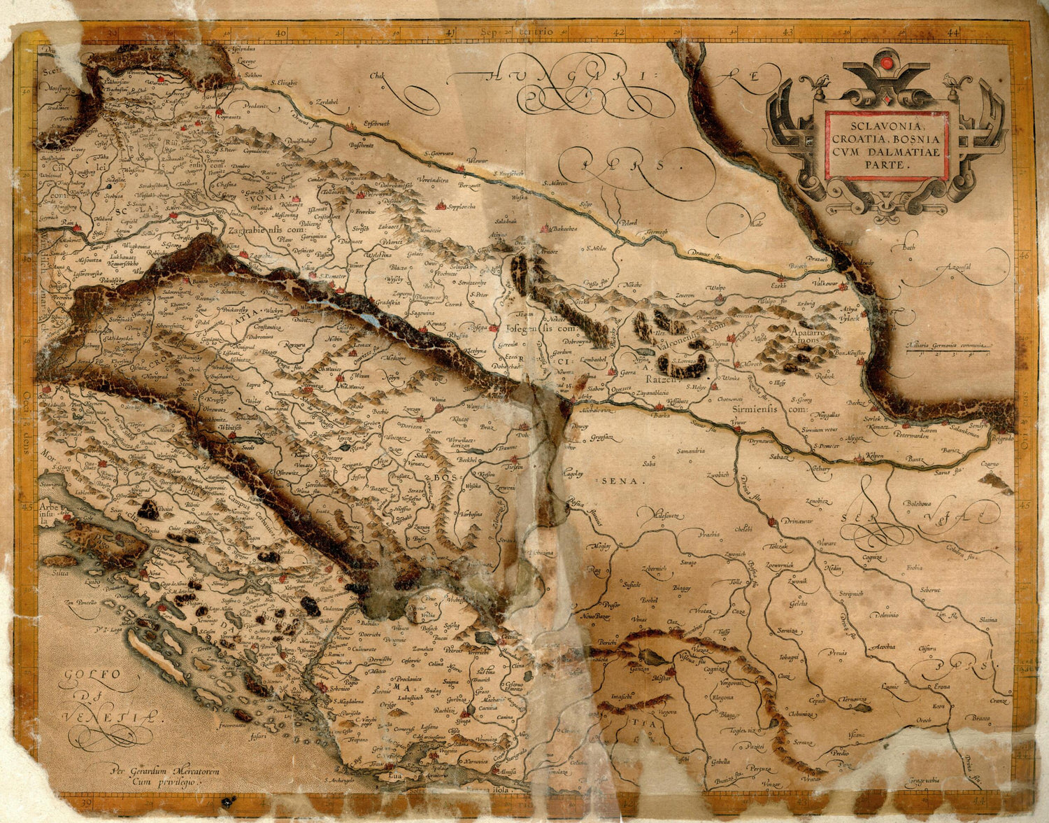 This old map of Slavonia, Croatia, Bosnia, and a Part of Dalmatia. (Sclavonia, Croatia, Bosnia Cum Dalmatiae Parte) from 1590 was created by Gerhard Mercator in 1590
