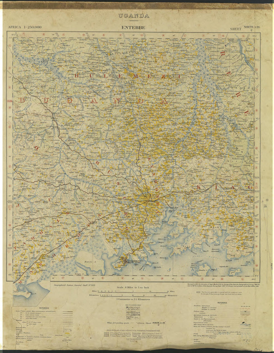 This old map of Entebbe, Uganda, Africa. (Entebbe: Uganda, Africa 1: 250,000) from 1911 was created by  Great Britain. War Office. General Staff. Geographical Section,  Uganda Topographical Survey,  Uganda. Survey Department in 1911