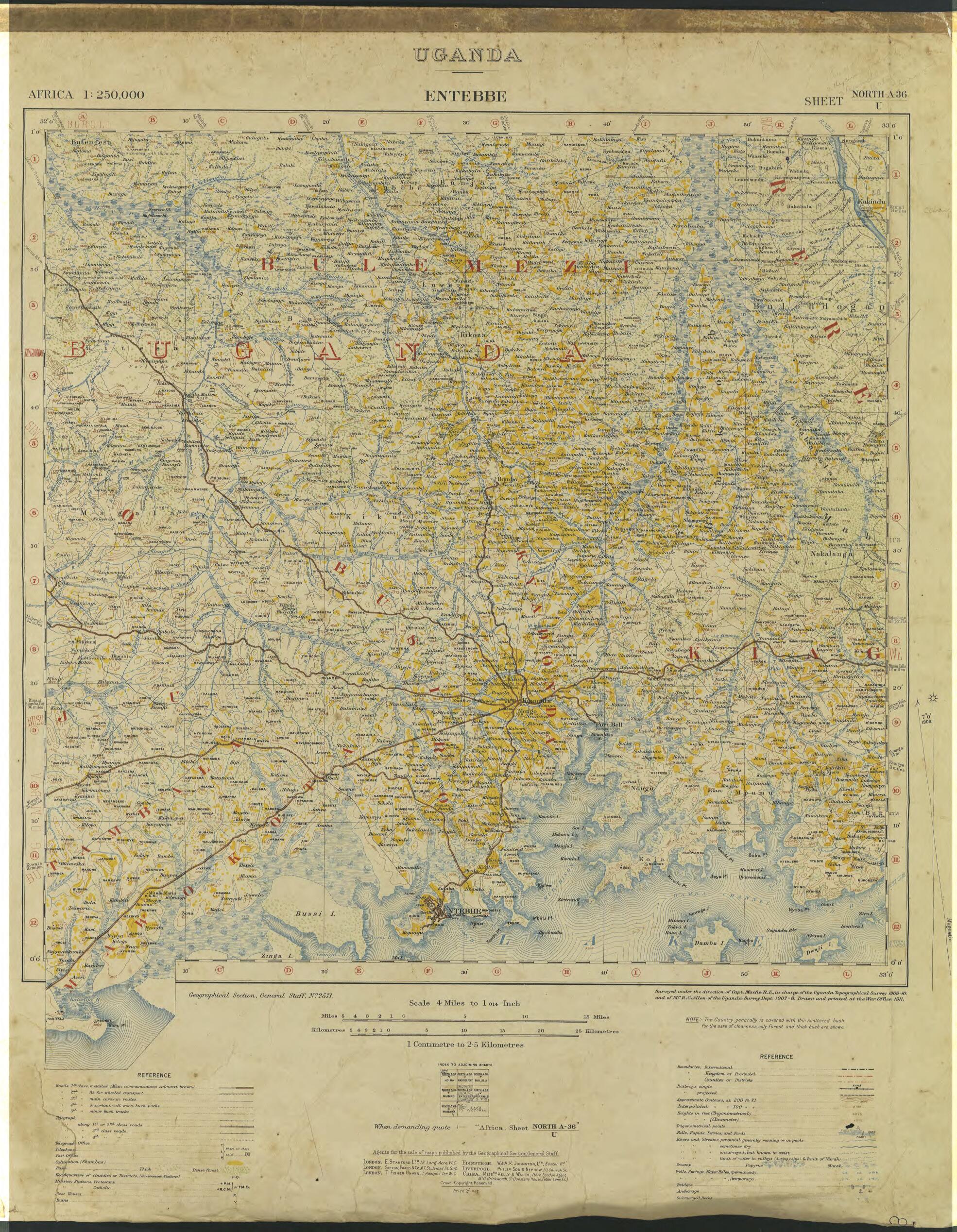 This old map of Entebbe, Uganda, Africa. (Entebbe: Uganda, Africa 1: 250,000) from 1911 was created by  Great Britain. War Office. General Staff. Geographical Section,  Uganda Topographical Survey,  Uganda. Survey Department in 1911