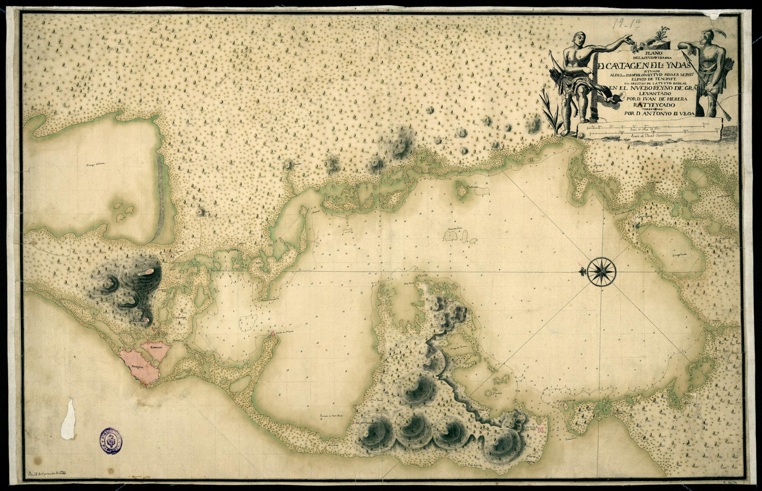 This old map of Map of the City and Bay of Cartagena De Las Indias. (Plano De La Cyudad Y Bahya De Cartagena De Las Yndias Situado a Los 300 Gs. 41 Ms De Longytud Prymer Merydo. El Pyco De Teneryfe Y 10 Grs 27 Ms. De Latytud Boreal En El Nuevo Reyno De Granada was created by Juan De Herrera Y Sotomayor, Antonio De Ulloa in 1735