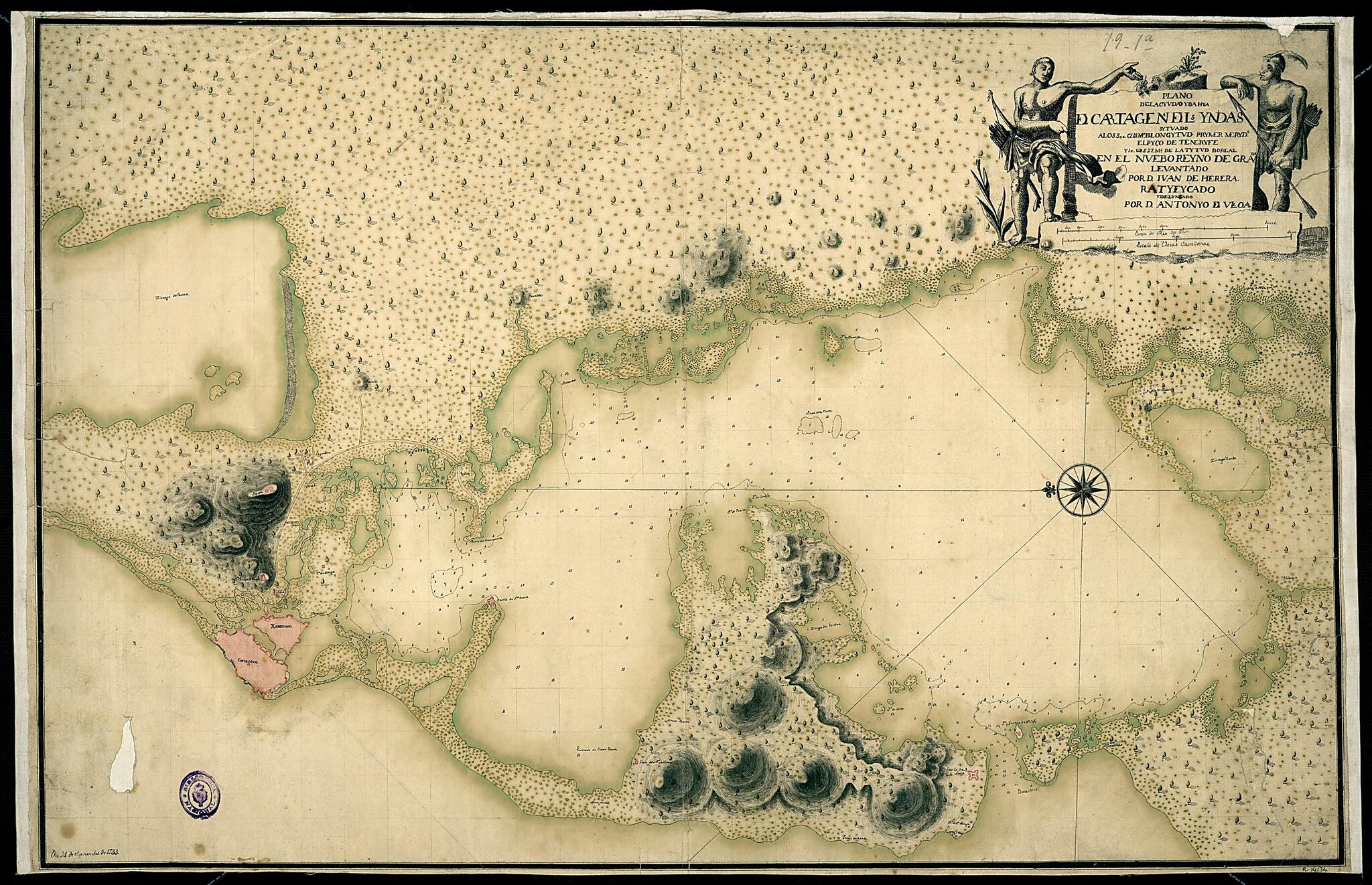 This old map of Map of the City and Bay of Cartagena De Las Indias. (Plano De La Cyudad Y Bahya De Cartagena De Las Yndias Situado a Los 300 Gs. 41 Ms De Longytud Prymer Merydo. El Pyco De Teneryfe Y 10 Grs 27 Ms. De Latytud Boreal En El Nuevo Reyno De G