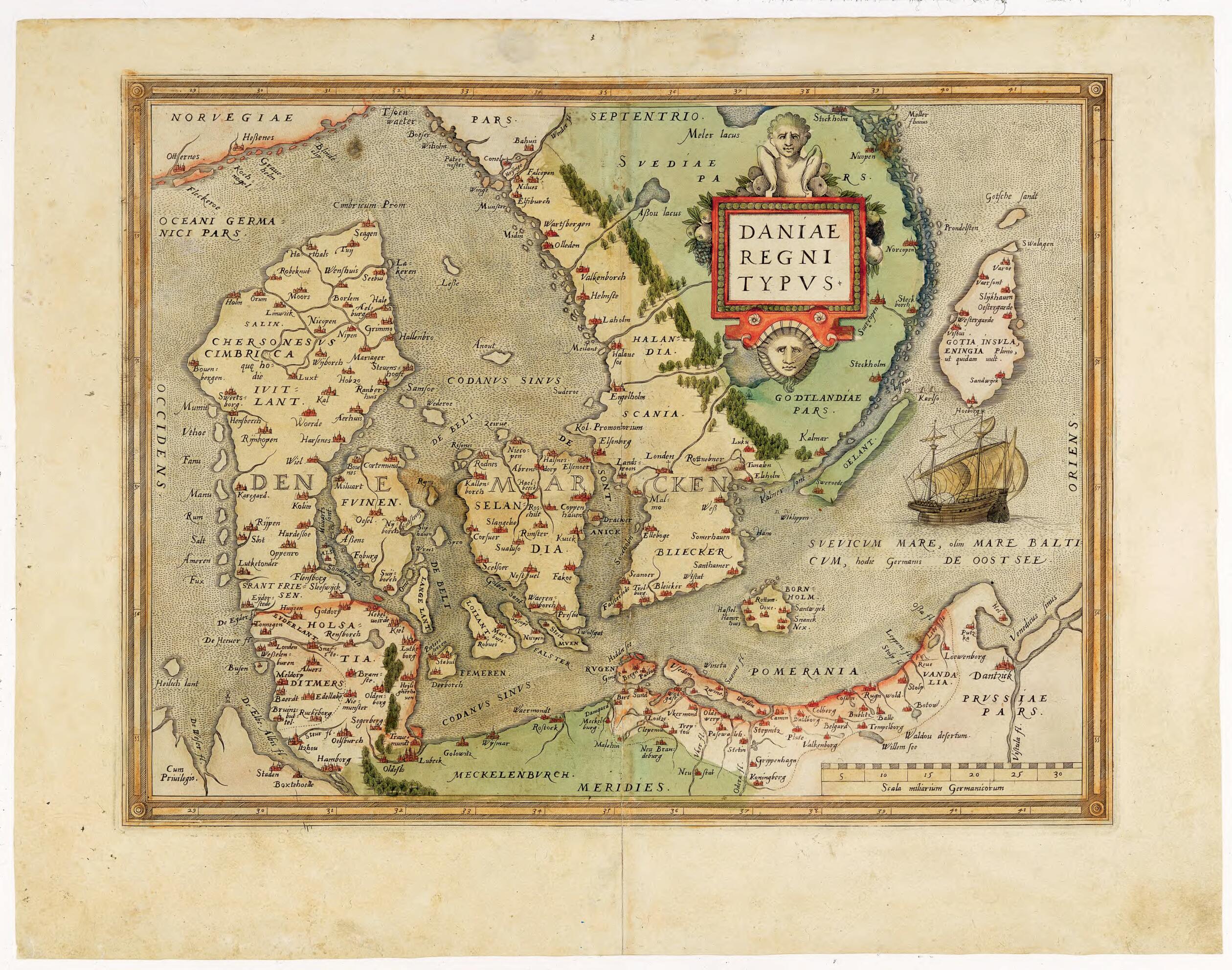 This old map of Map of Denmark from the Atlas Theatrum Orbis Terrarum. (Daniae Regni Typus) from 1570 was created by Cornelis Antoniszoon, Marcus Jordan, Abraham Ortelius in 1570