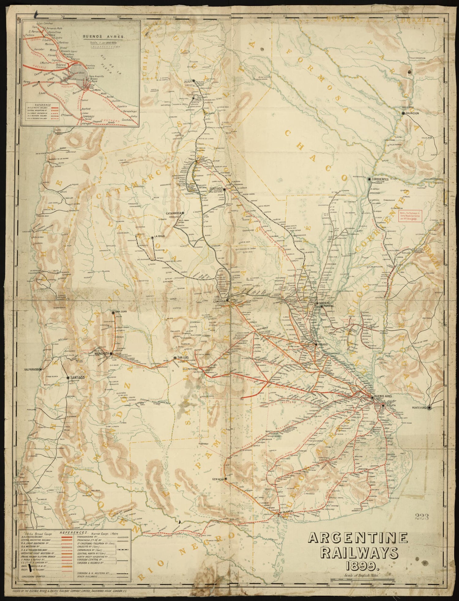 This old map of Argentine Railways, from 1899 was created by  Buenos Aires and Pacific Railway Company in 1899