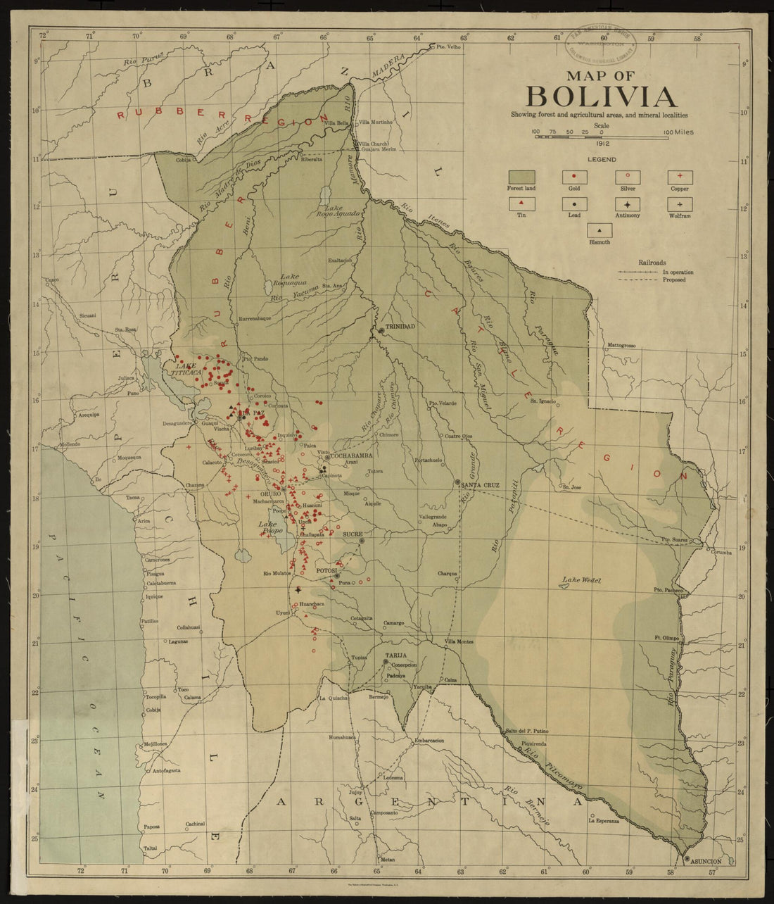 This old map of Map of Bolivia, Showing Forest and Agriculture Areas, and Mineral Localities from 1912 was created by  in 1912