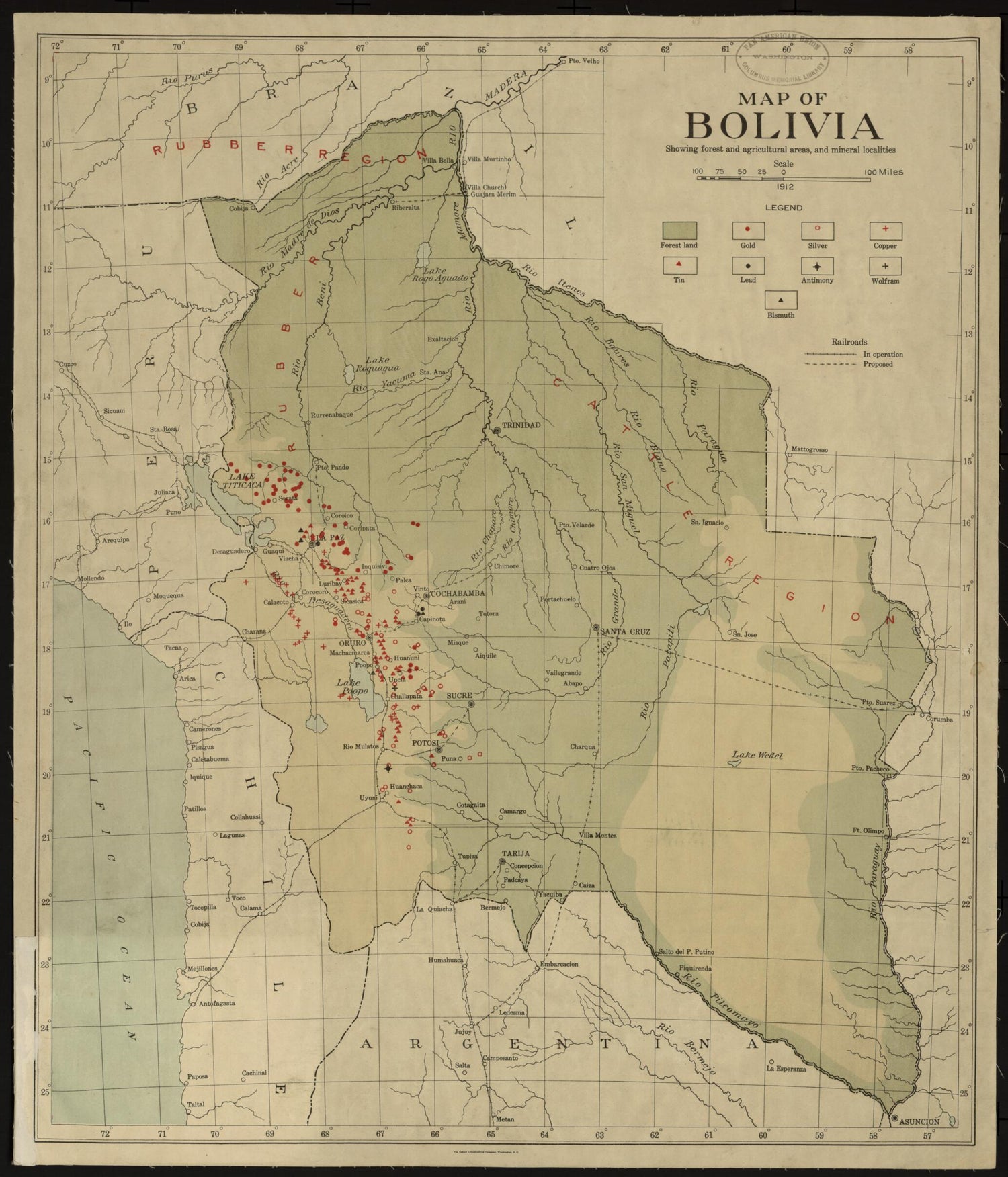 This old map of Map of Bolivia, Showing Forest and Agriculture Areas, and Mineral Localities from 1912 was created by  in 1912