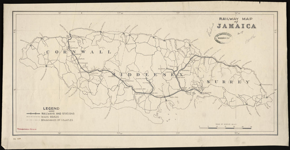This old map of Railway Map of Jamaica from 1920 was created by  Chamber of Commerce of the United States of America. Transportation and Communication Department in 1920