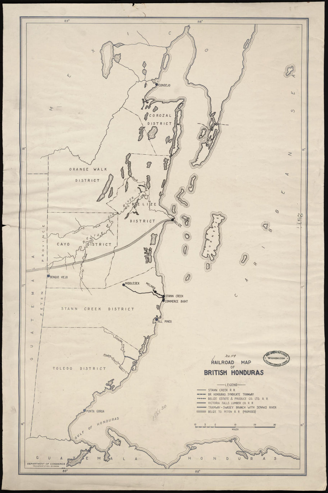 This old map of Railroad Map of British Honduras from 1920 was created by  Chamber of Commerce of the United States of America. Transportation and Communication Department in 1920