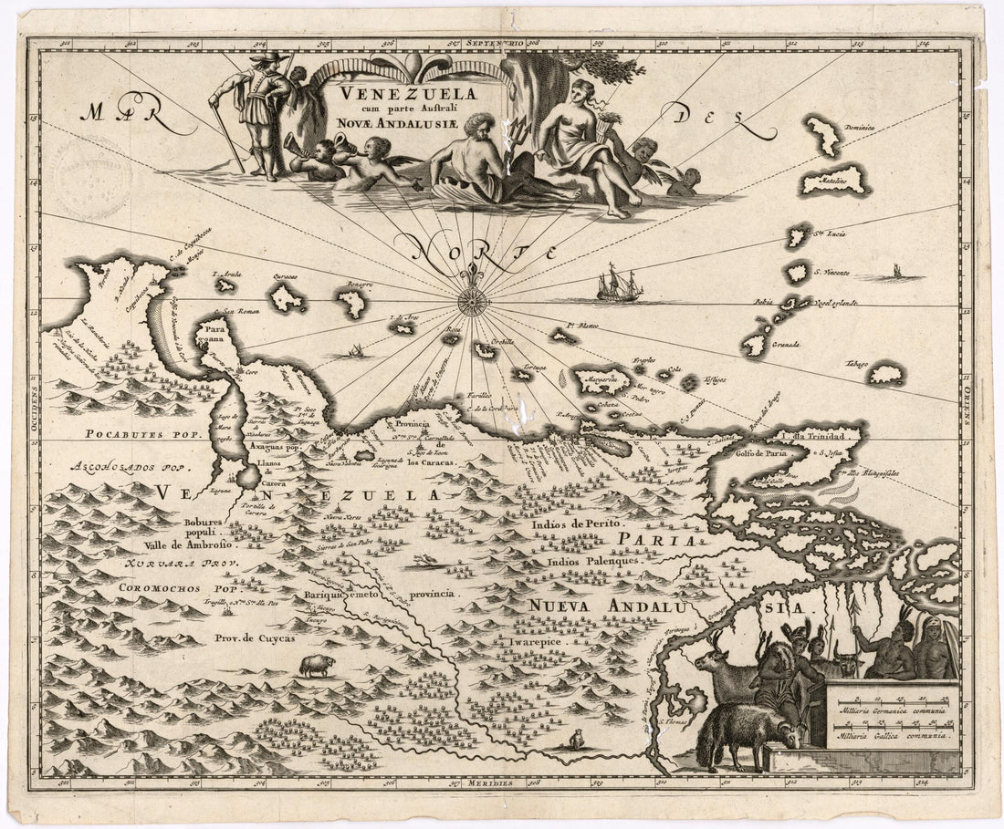 This old map of Venezuela With the Southern Part of New Andalusia. (Venezuela Cum Parte Australi Novae Andalusiae) from 1612 was created by Hendrik Hondius in 1612