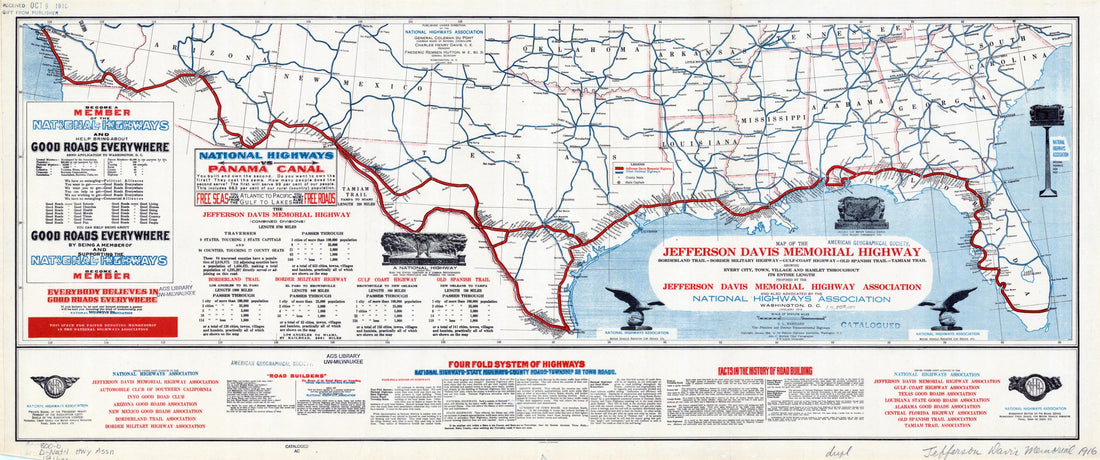 This old map of Map of the Jefferson Davis Memorial Highway. (Border Military Highway - Gulf-Coast Highway - Old Spanish Trail - Tamiam Trail, Showing Every City, Town, Village and Hamlet Throughout Its Entire Length) from 1916 was created by  Jefferson 