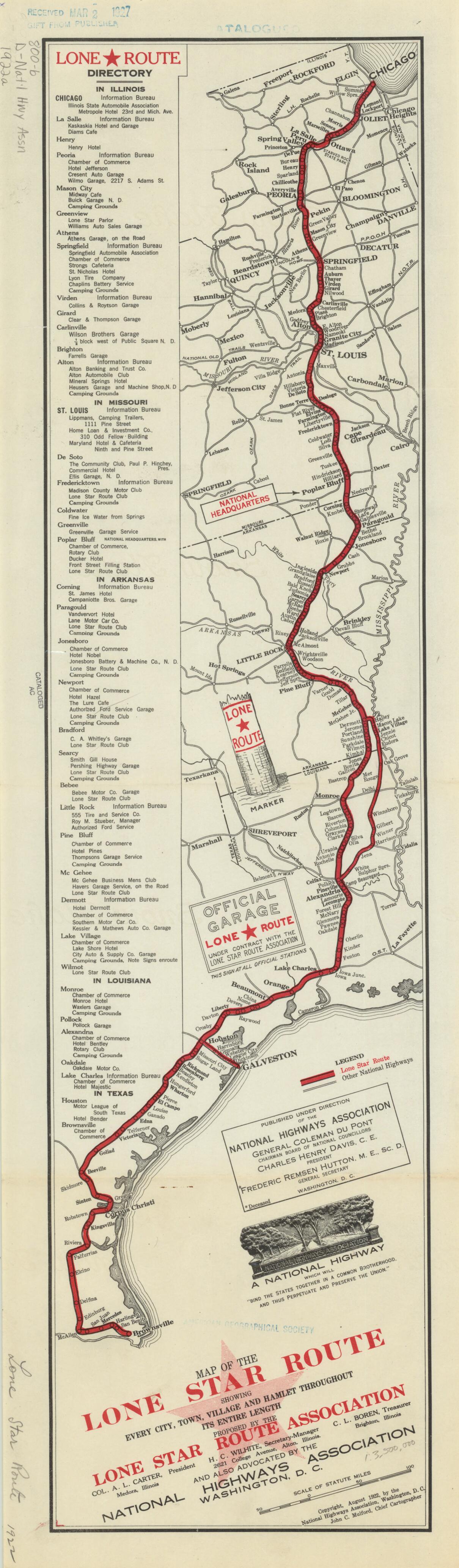 This old map of Map of the Lone Star Route. (Map of the Lone Star Route: Showing Every City, Town, Village and Hamlet Throughout Its Entire Length) from 1922 was created by  Lone Star Route Association, John C. Mulford,  National Highways Association in 