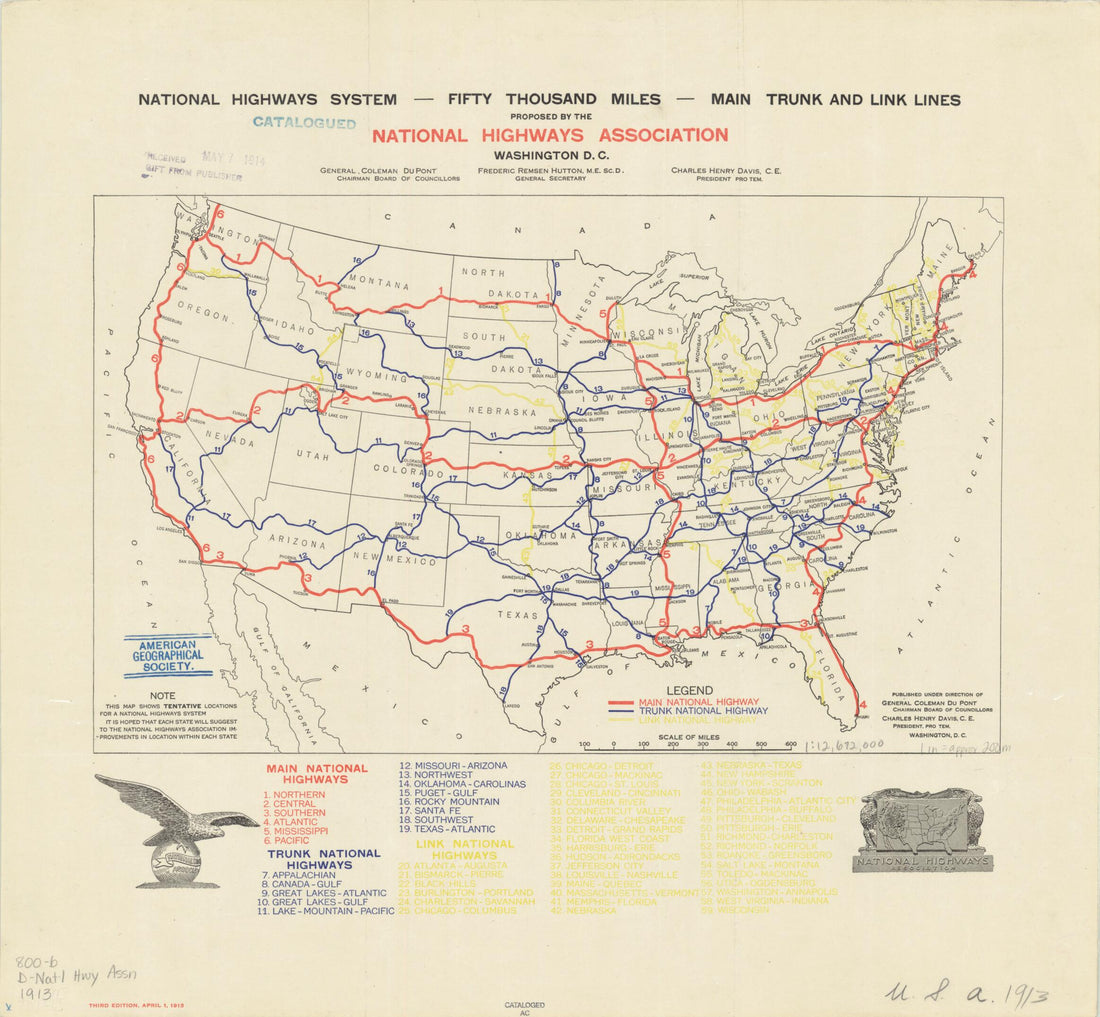 This old map of National Highways System Proposed In from 1913. (- Fifty Thousands Miles -- Main Trunk and Link Lines Proposed by the National Highways Association) was created by  National Highways Association in 1913