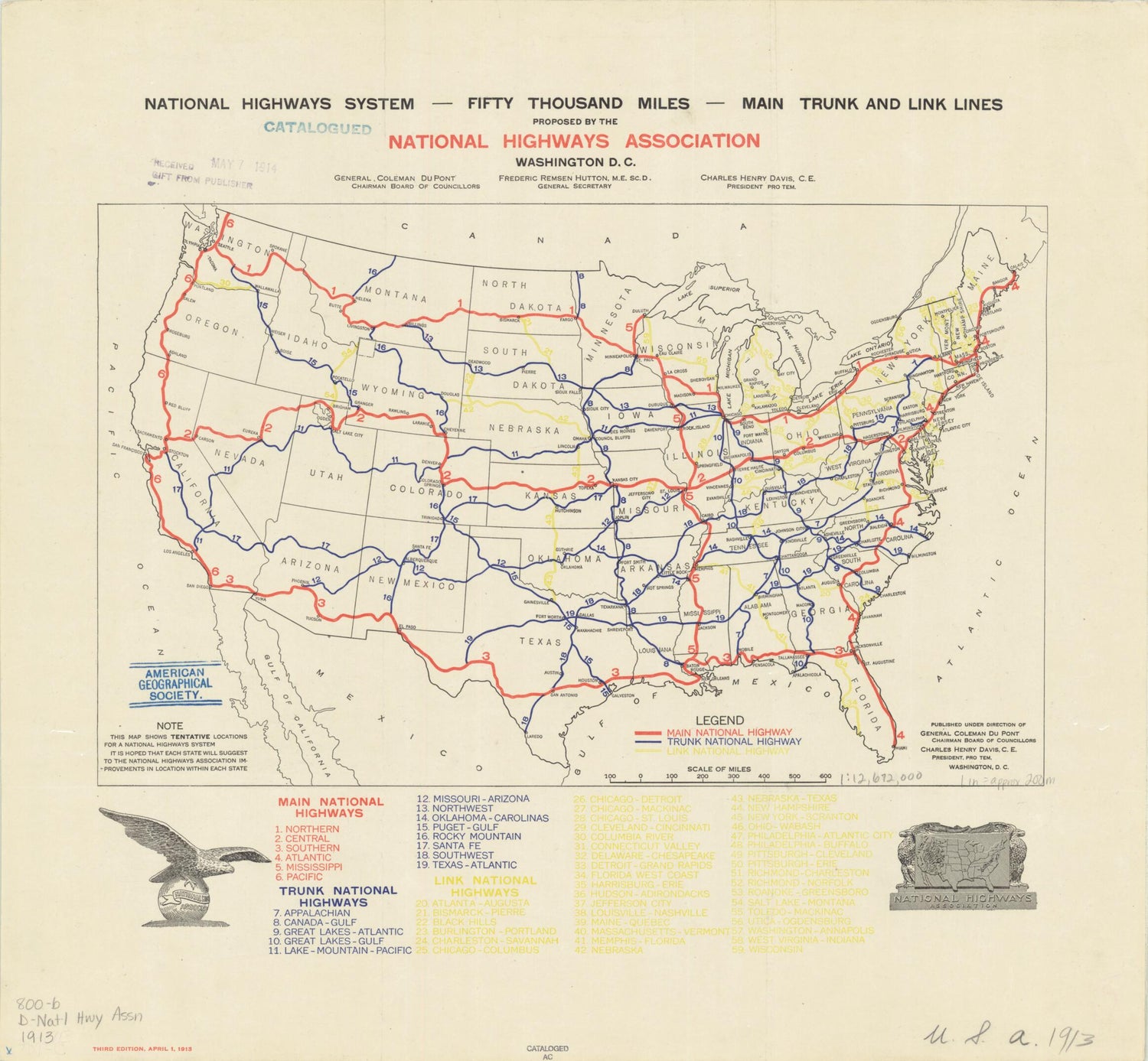 This old map of National Highways System Proposed In from 1913. (- Fifty Thousands Miles -- Main Trunk and Link Lines Proposed by the National Highways Association) was created by  National Highways Association in 1913