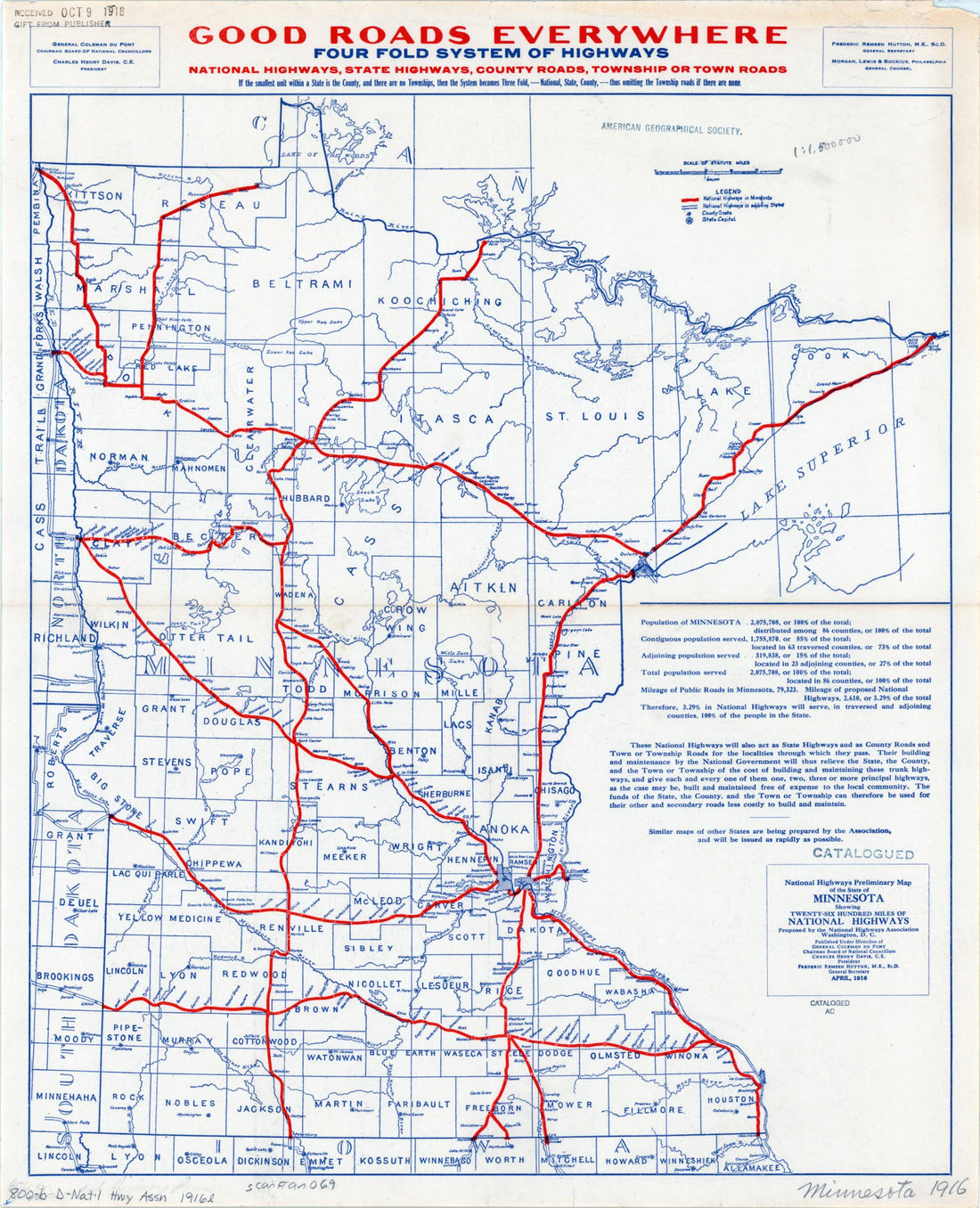 This old map of National Highways Preliminary Map of the State of Minnesota. (six Hundred Miles of National Highways) from 1916 was created by  National Highways Association in 1916