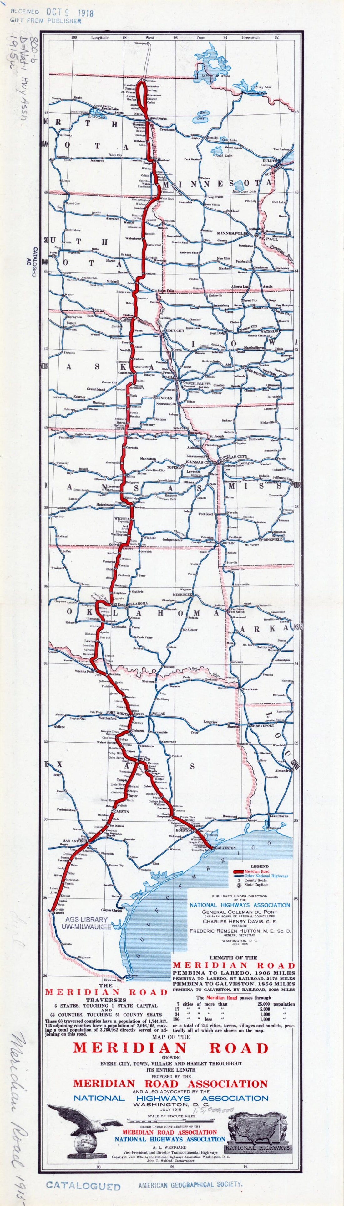 This old map of Map of the Meridian Road. (Map of the Meridian Road: Showing Every City, Town, Village and Hamlet Throughout Its Entire Length) from 1915 was created by  Meridian Road Association, John C. Mulford,  National Highways Association in 1915