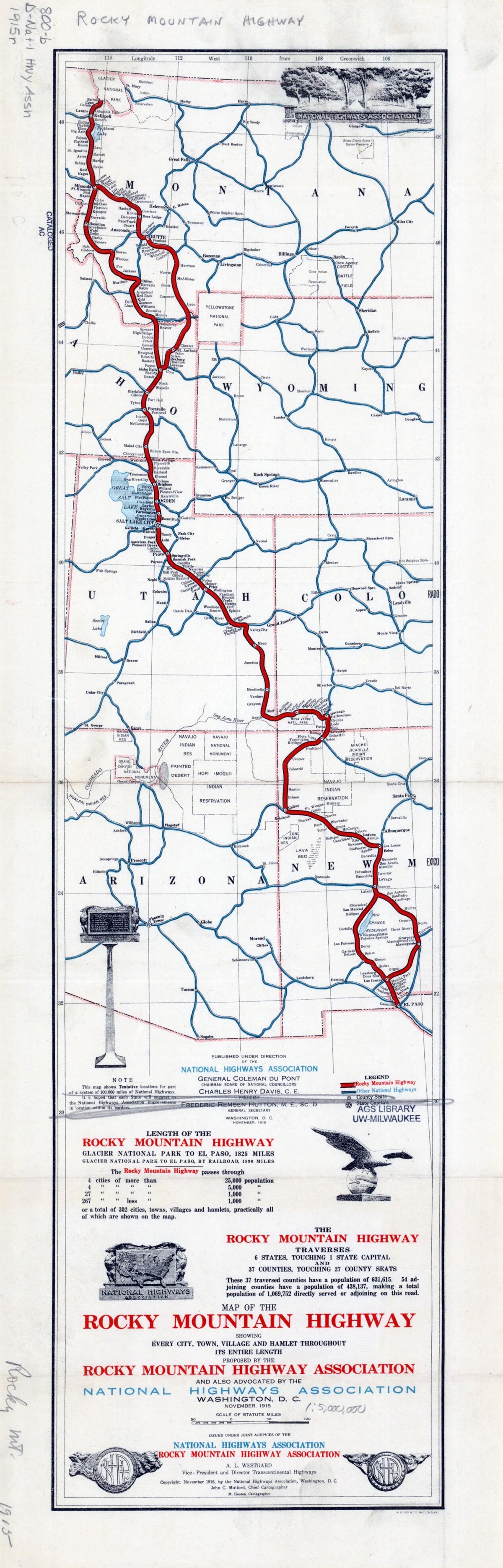 Map of the Rocky Mountain Highway. (Map of the Rocky Mountain Highway: Showing Every City, Town, Village and Hamlet Throughout Its Entire Length) 1915 by Relic Map Company