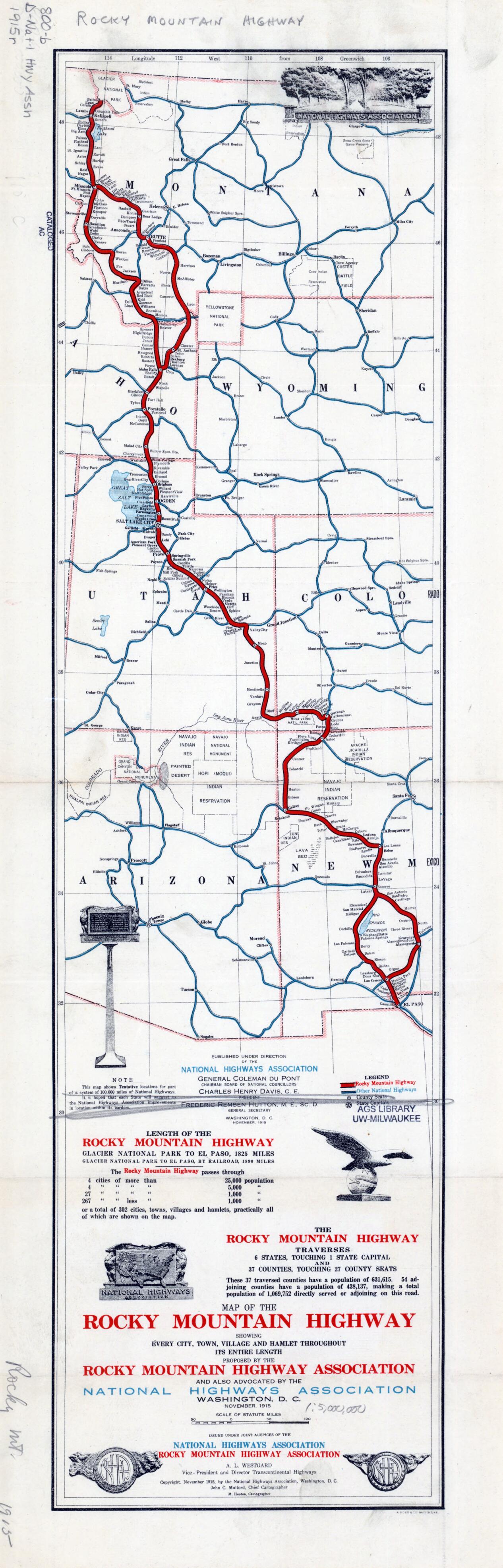 This old map of Map of the Rocky Mountain Highway. (Map of the Rocky Mountain Highway: Showing Every City, Town, Village and Hamlet Throughout Its Entire Length) from 1915 was created by M. Hooton, John C. Mulford,  National Highways Association,  Rocky 