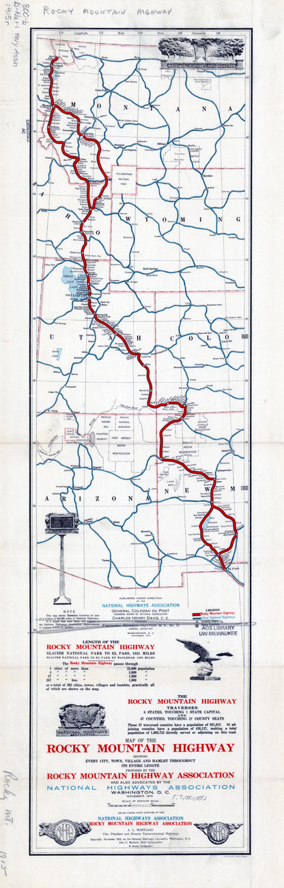 Map of the Rocky Mountain Highway. (Map of the Rocky Mountain Highway: Showing Every City, Town, Village and Hamlet Throughout Its Entire Length) 1915 by Relic Map Company