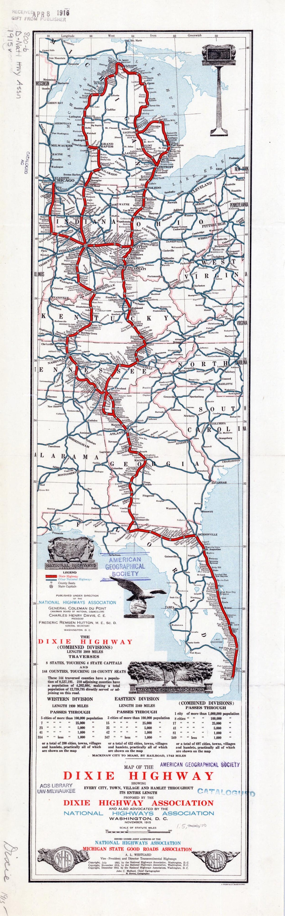 Map of the Dixie Highway. (Map of the Dixie Highway: Showing Every City, Town, Village and Hamlet Throughout Its Entire Length) 1915 by Relic Map Company