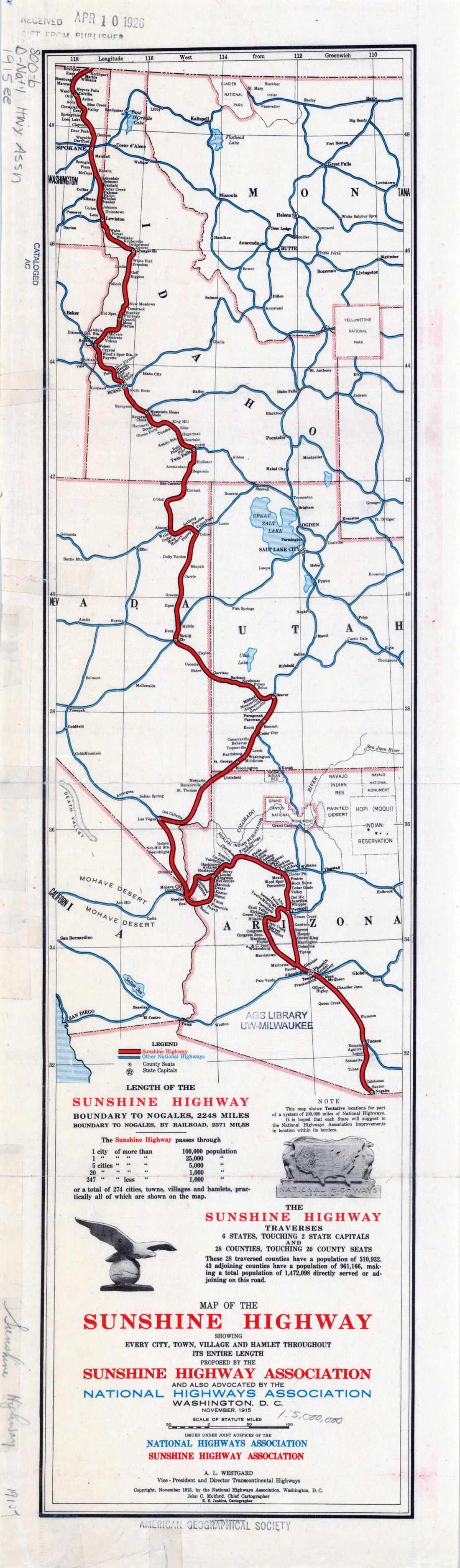 This old map of Map of the Sunshine Highway. (Map of the Sunshine Highway: Showing Every City, Town, Village and Hamlet Throughout Its Entire Length) from 1915 was created by E. E. Jenkins, John C. Mulford,  National Highways Association,  Sunshine Highw