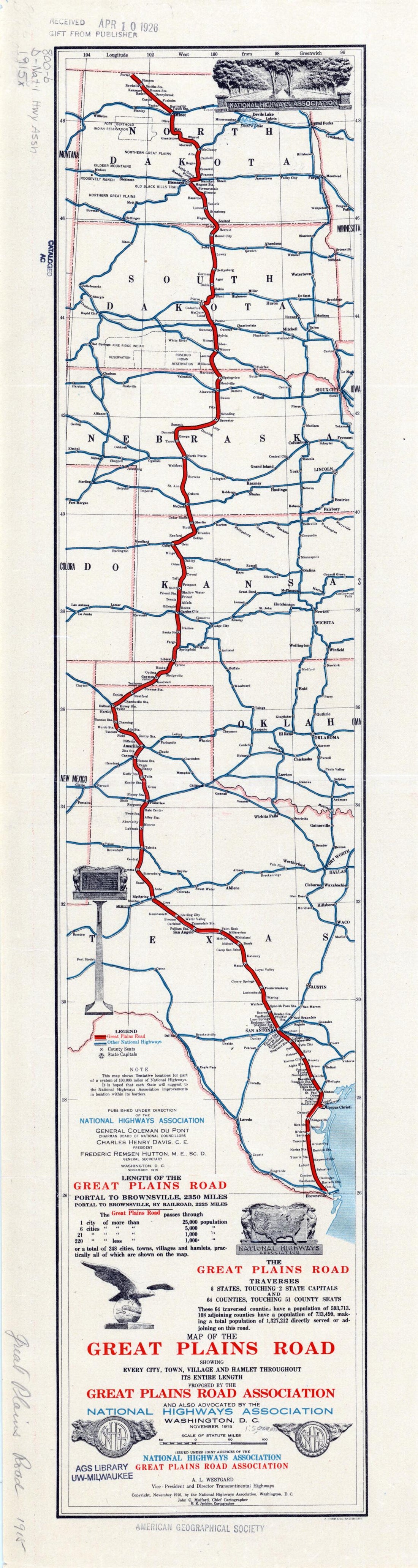 This old map of Map of the Great Plains Road. (Map of the Great Plains Road: Showing Every City, Town, Village and Hamlet Throughout Its Entire Length) from 1915 was created by  A. Hoen and Company,  Great Plains Road Association, E. E. Jenkins, John C.