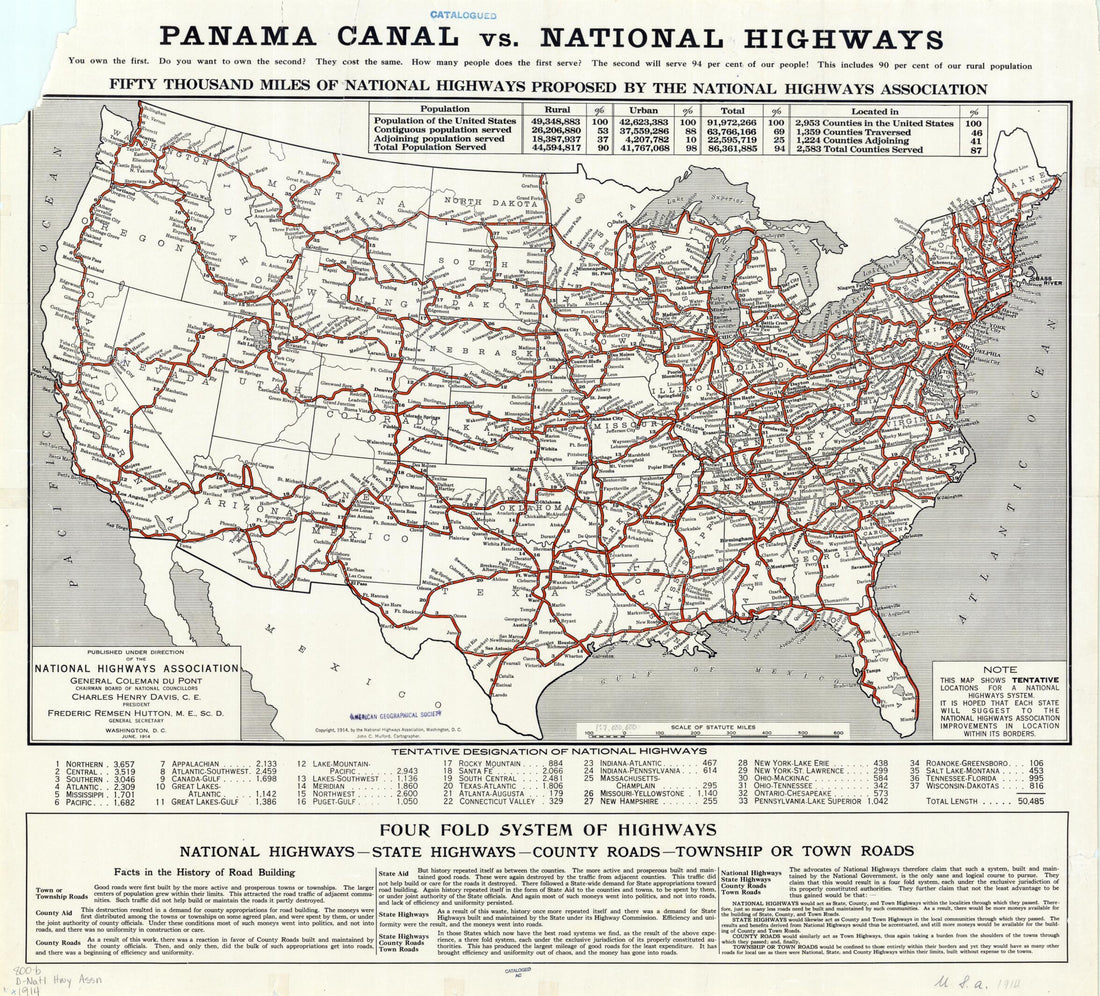 This old map of Fifty Thousand Miles of National Highways Proposed by the National Highways Association, from 1914. (Fifty Thousand Miles of National Highways Proposed by the National Highways Association) was created by John C. Mulford,  National Highwa