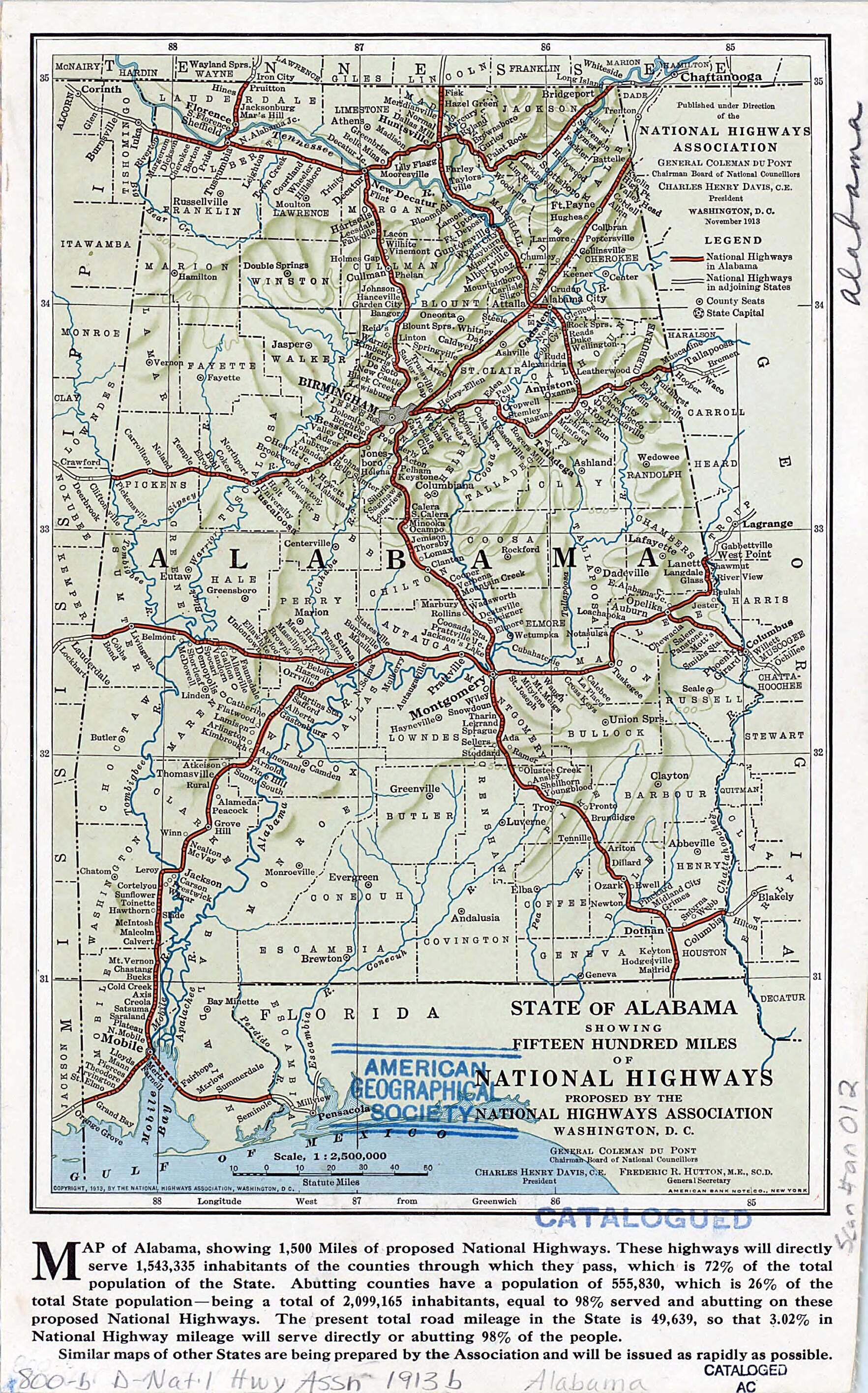 This old map of State of Alabama Showing Fifteen Hundred Miles of National Highways. (State of Alabama Showing Fifteen Hundred Miles of National Highways Proposed by the National Highways Association) from 1913 was created by  American Bank Note Company,