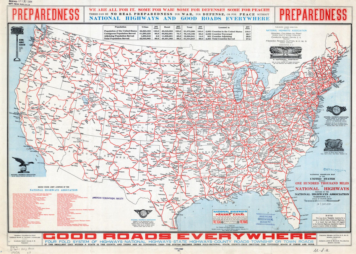 National Highways Map of the United States Showing One Hundred Thousand Miles of National Highways: Proposed by the National Highways Association in 1915 by Relic Map Company