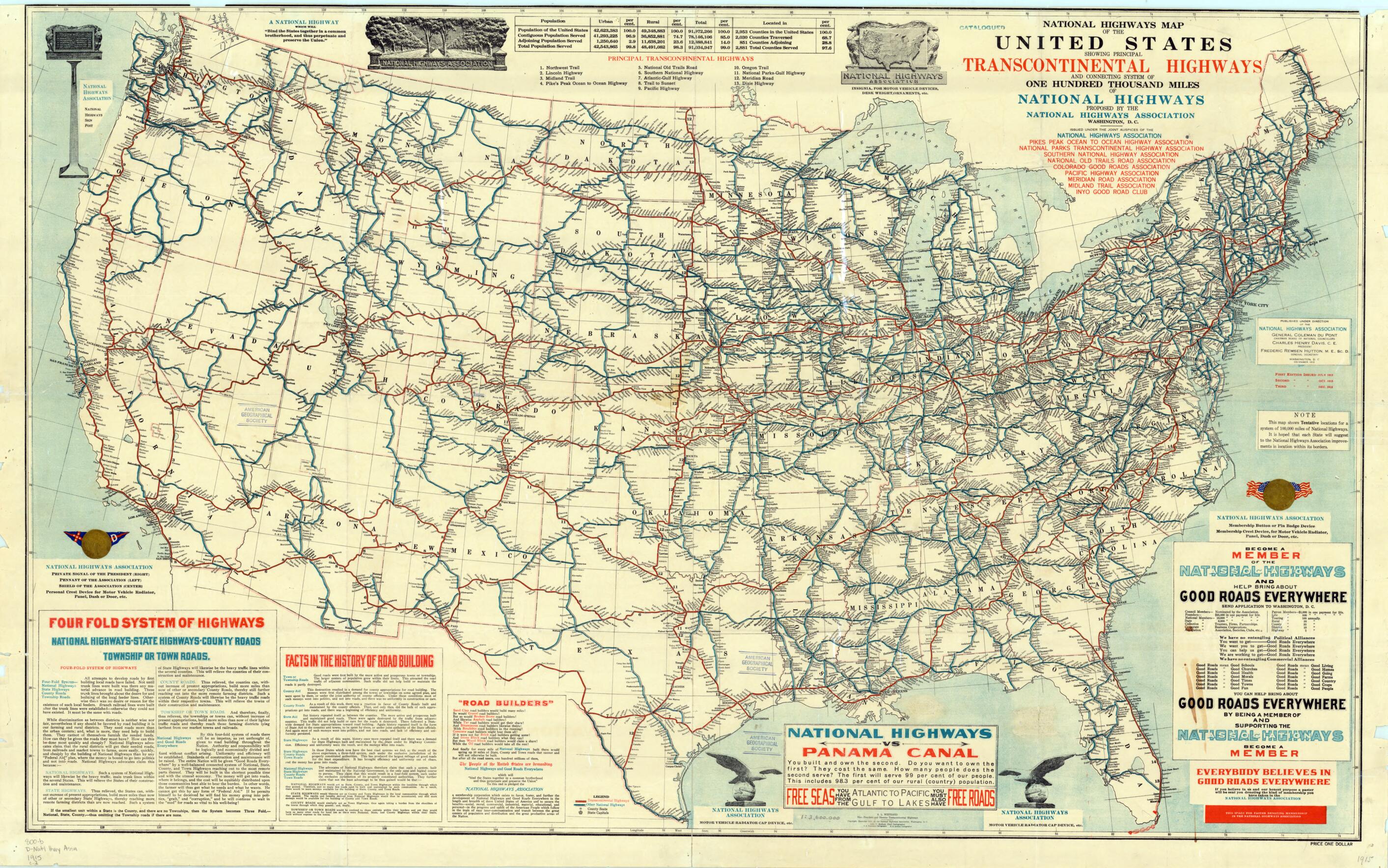 This old map of Map of United States Proposed National Highways System, from 1915. (National Highways Map of the United States Showing Principal Transcontinental Highways and Connecting System of One Hundred Thousand Miles of National Highways Proposed b
