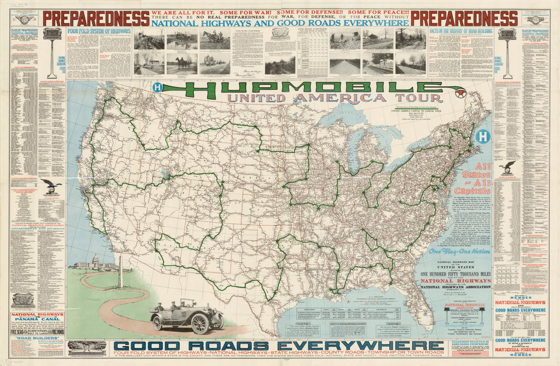This old map of Hupmobile United America Tour, from 1918. (Hupmobile United America Tour) was created by  American Lithographic Company,  National Highways Association in 1918