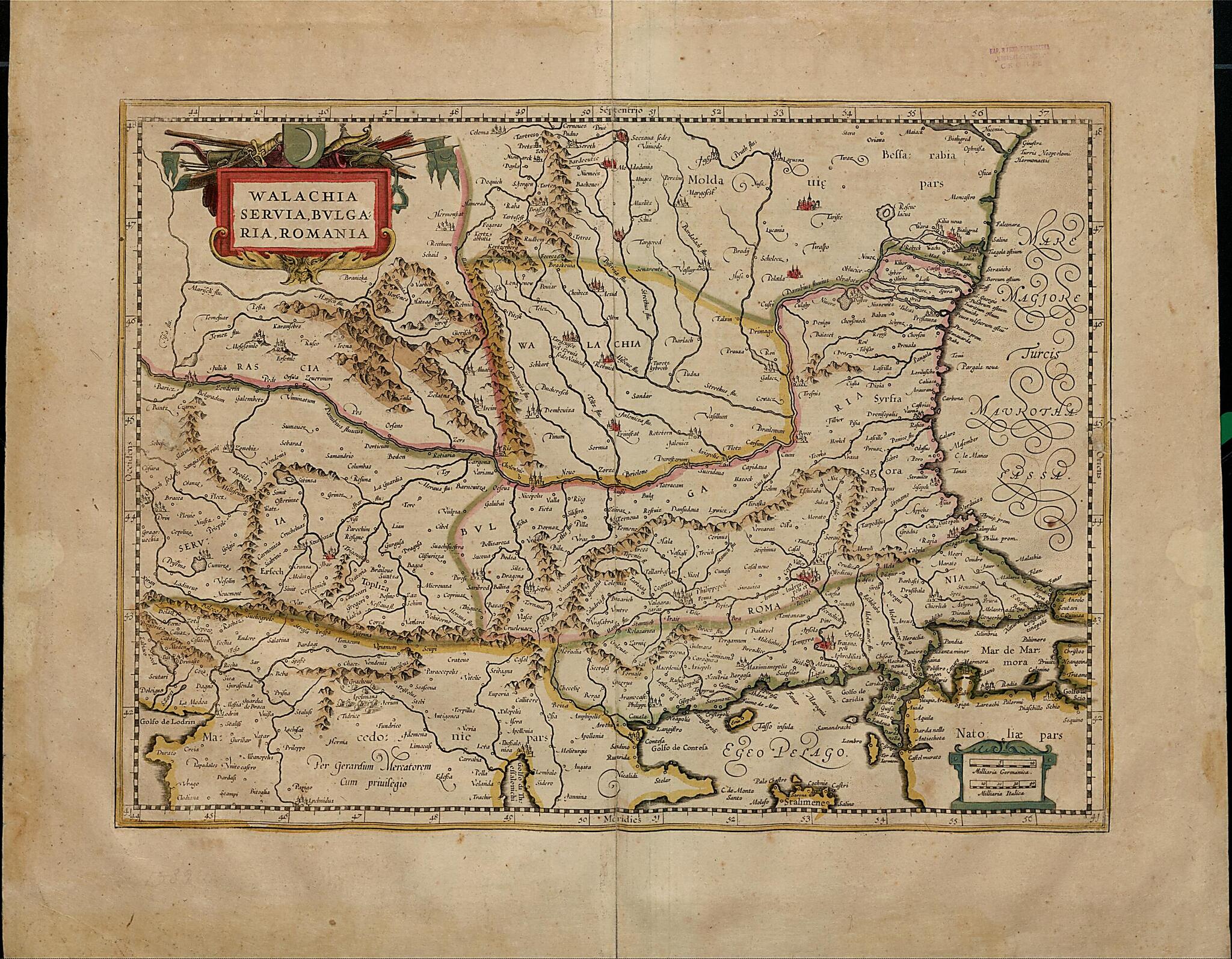This old map of Wallachia, Serbia, Bulgaria, Romania. (Walachia, Servia, Bulgaria, Romania) from 1589 was created by Gerhard Mercator in 1589