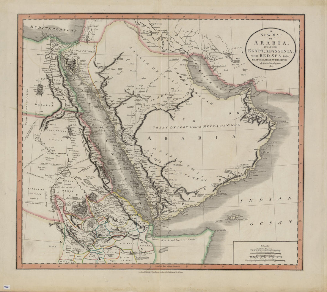 This old map of A New Map of Arabia, Including Egypt, Abyssinia, the Red Sea, from the Latest Authorities. (A New Map of Arabia, Including Egypt, Abyssinia, the Red Sea &amp;c., &amp;c., from the Latest Authorities) from 1804 was created by John Cary in 1804
