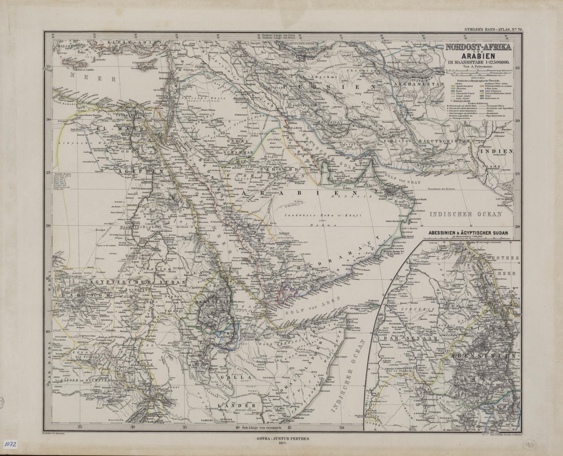 This old map of Northeast Africa and Arabia Drawn to the Scale of 1:12,500,000. (Afrika Und Arabien Im Maassstabe 1:12,500,000) from 1875 was created by Fritz Hanemann, A. Kramer, Ernst Kuhn, A. (August Heinrich) Petermann, Adolf Stieler in 1875