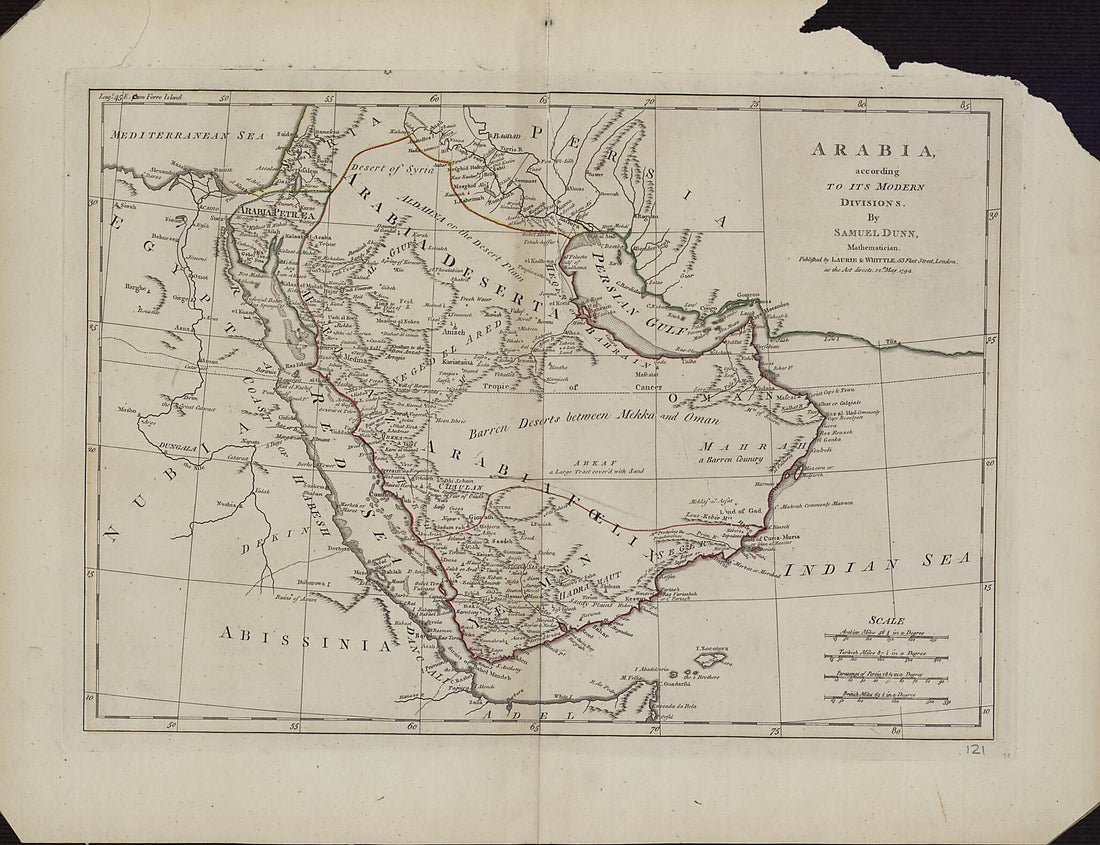This old map of Arabia: According to Its Modern Divisions from 1794 was created by Samuel Dunn in 1794