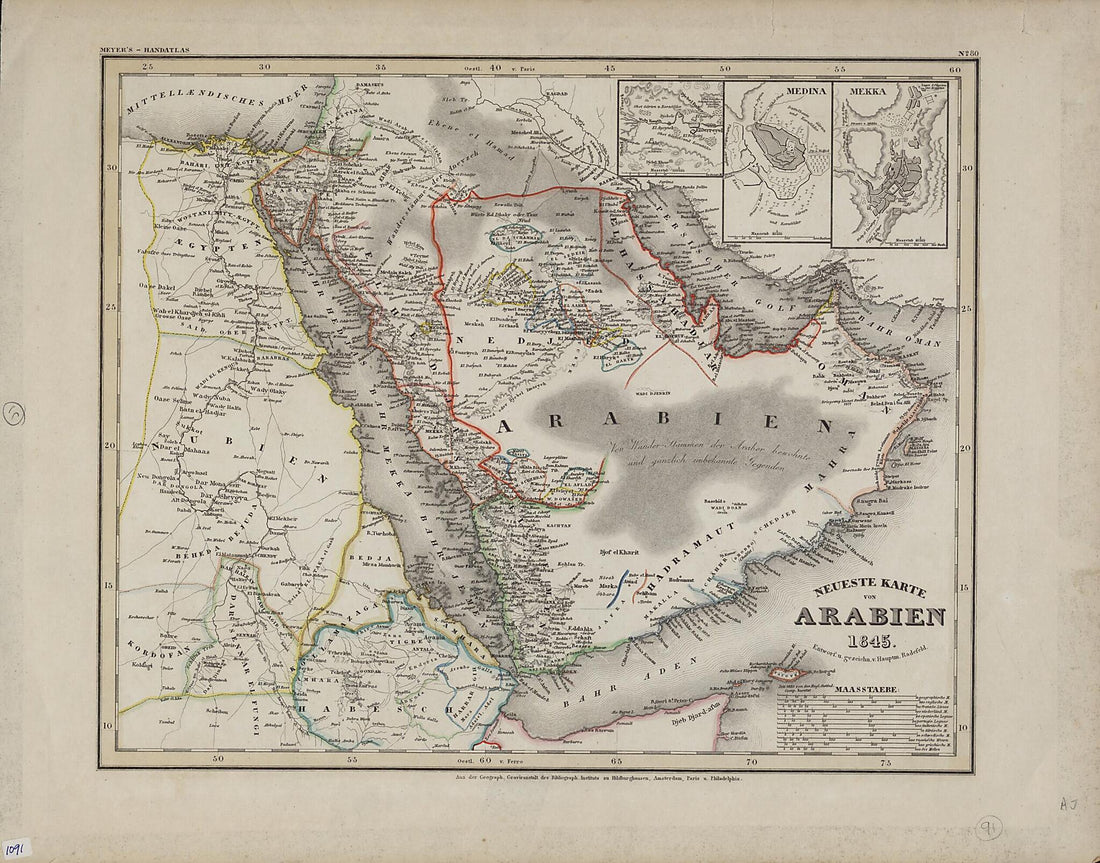 This old map of Newest Map of Arabia. (Neueste Karte Von Arabien) from 1845 was created by Joseph Meyer, Carl Christian Franz Radefeld in 1845