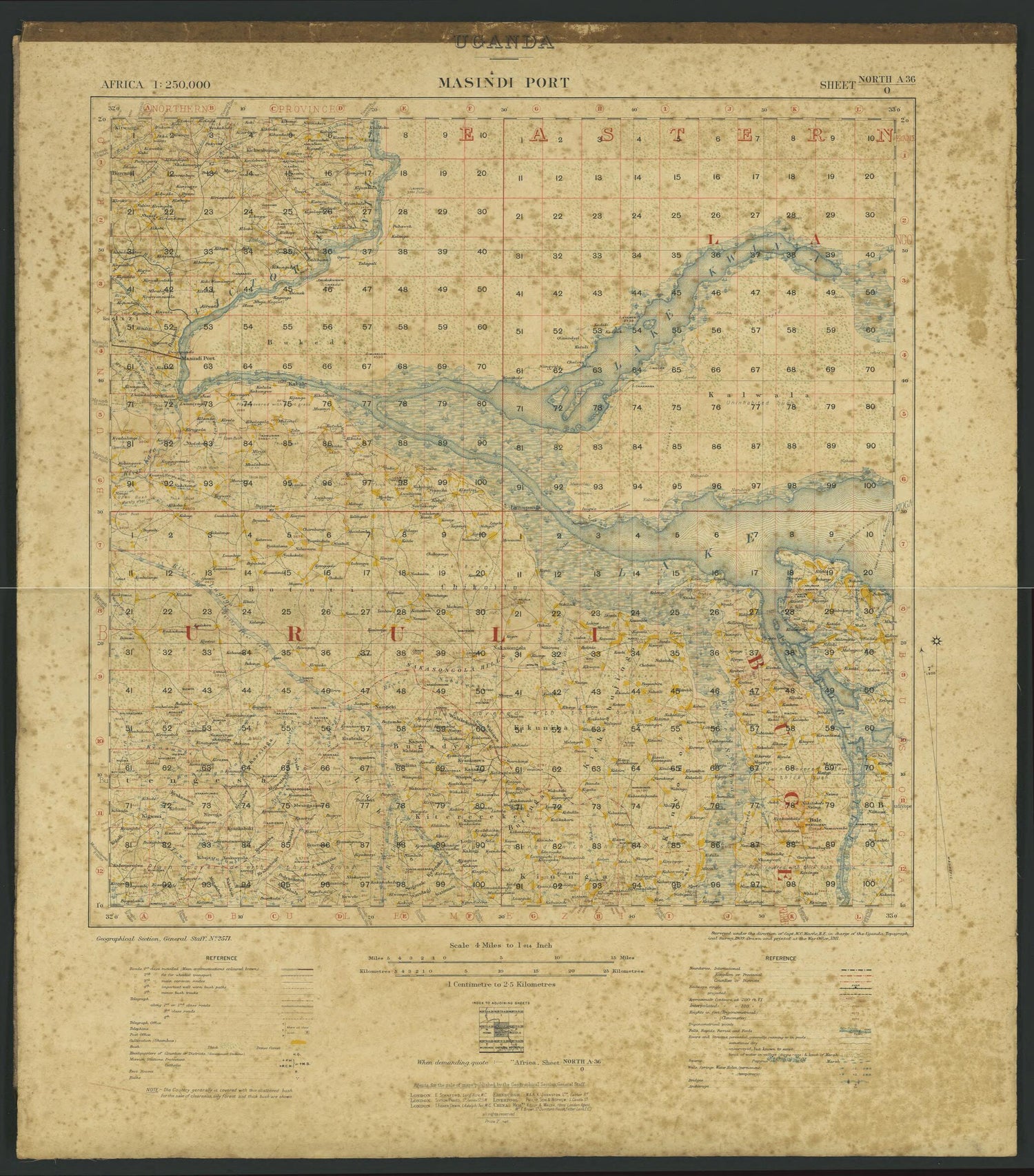 This old map of Masindi Port, Uganda, East Africa. (Masindi Port: Uganda, East Africa 1: 250,000) from 1911 was created by  Great Britain. War Office. General Staff. Geographical Section, William Campbell Macfie,  Uganda Topographical Survey in 1911