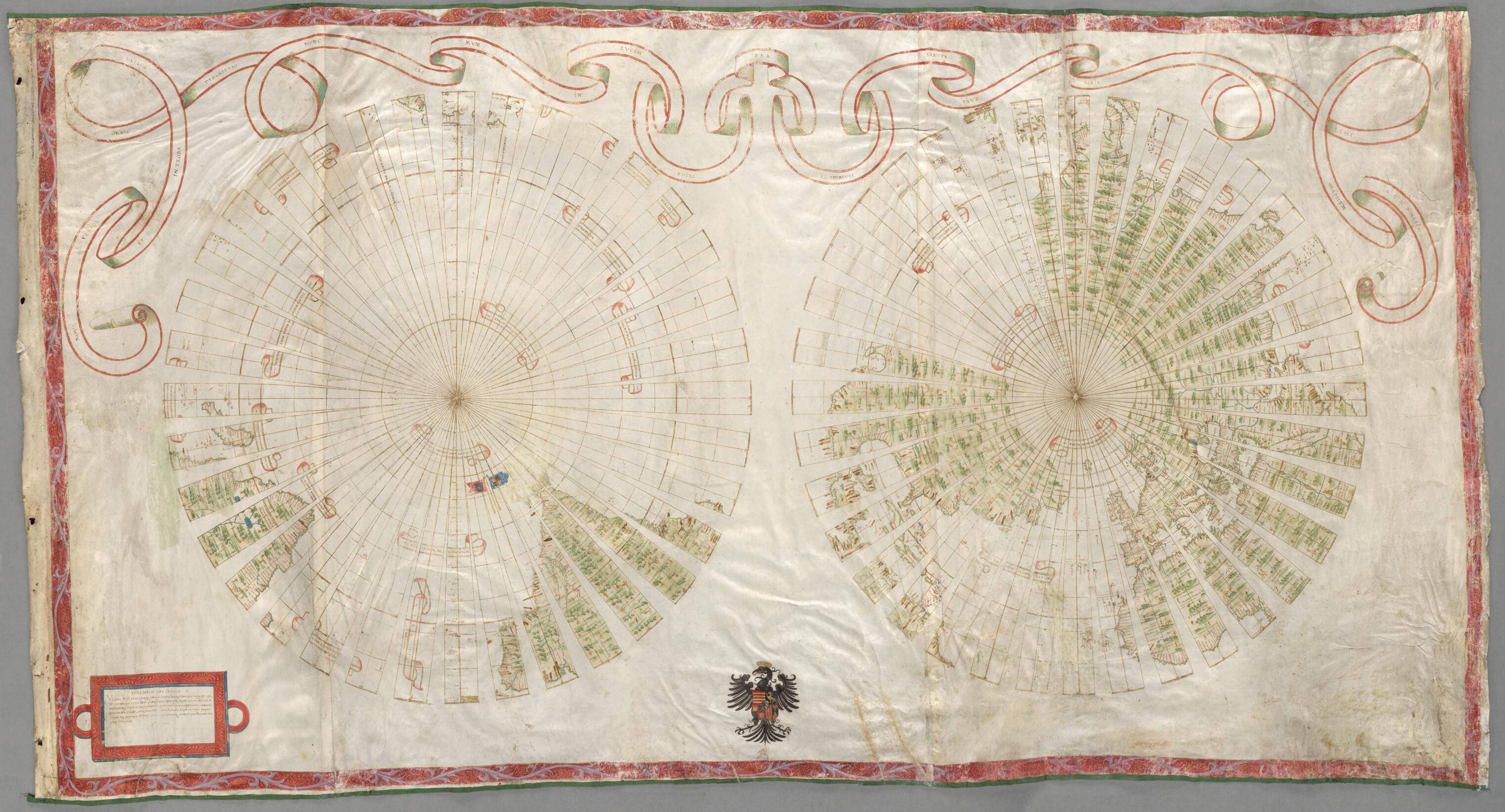 This old map of A New, More True and Complete Description of the Whole World, First Published by Alonzo De Santa Cruz, Principal Cosmographer to Emperor Charles V, from 1542. (Nova Verior Et Integra Totivs Orbis Descriptio Nvne Primvm In Lvcem Edita Per 