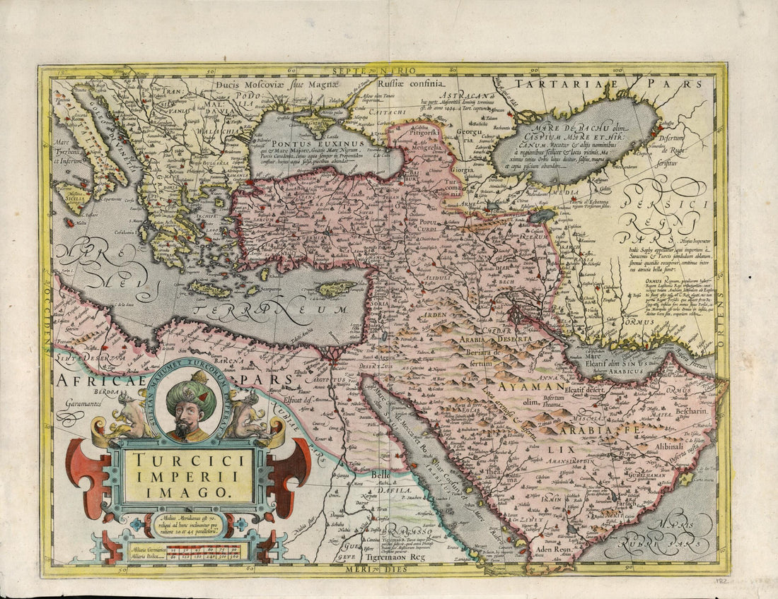 This old map of Map of the Turkish Empire. (Turcici Imperii Imago) from 1600 was created by Jodocus Hondius, Gerhard Mercator in 1600