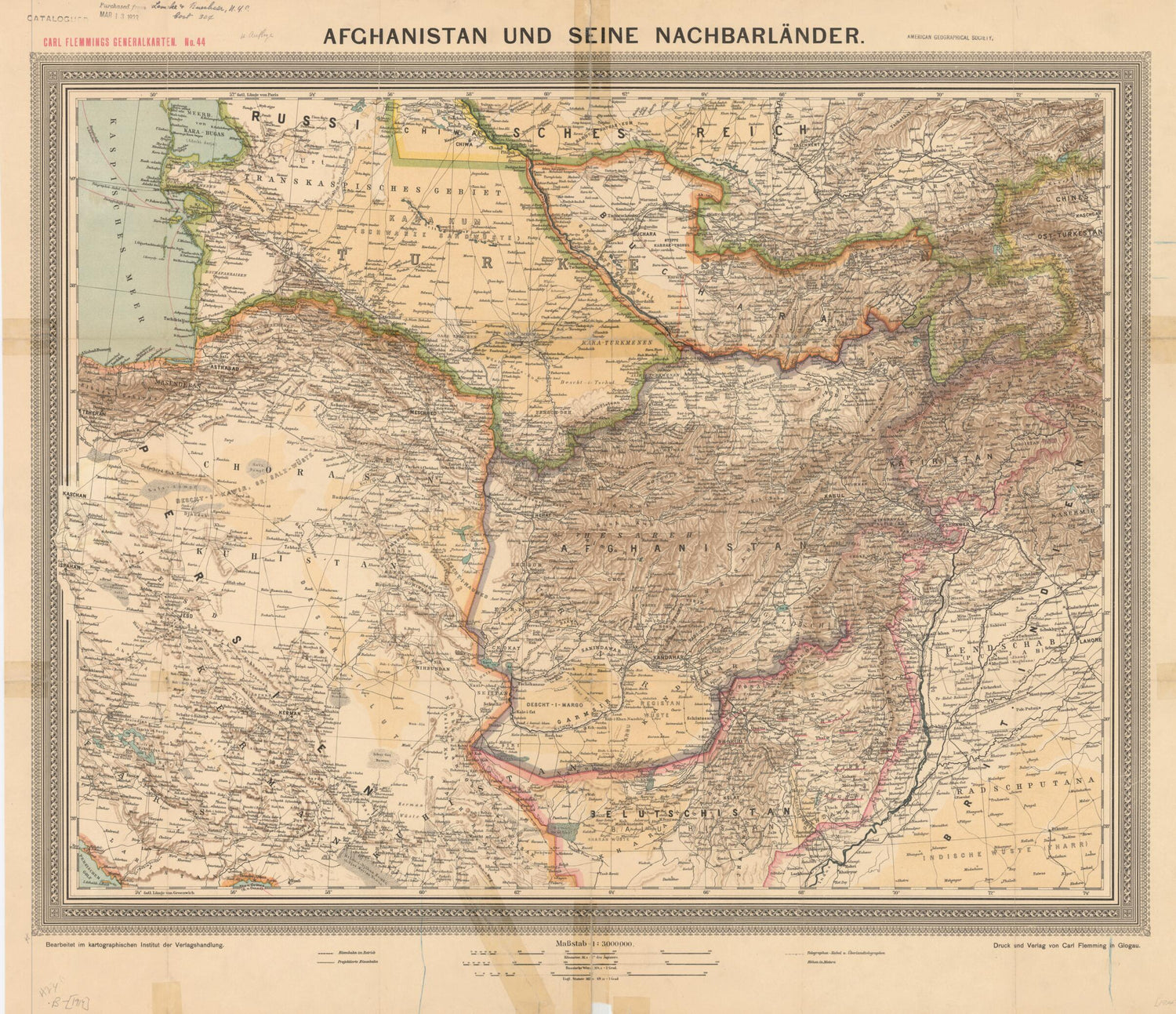 This old map of Afghanistan and Its Neighboring Countries. (Afghanistan Und Seine Nachbarländer) from 1914 was created by  Carl Flemming (Firm), F. (Friedrich) Handtke in 1914