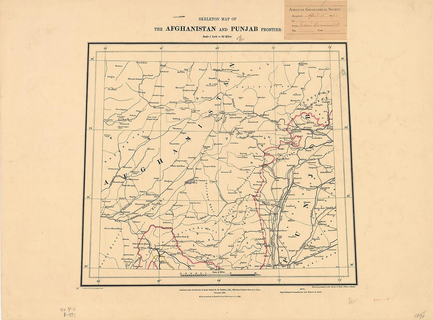 This old map of Skeleton Map of the Afghanistan and Punjab Frontier from 1891 was created by  Survey of India, H. R. (Henry Ravenshaw) Thuillier in 1891