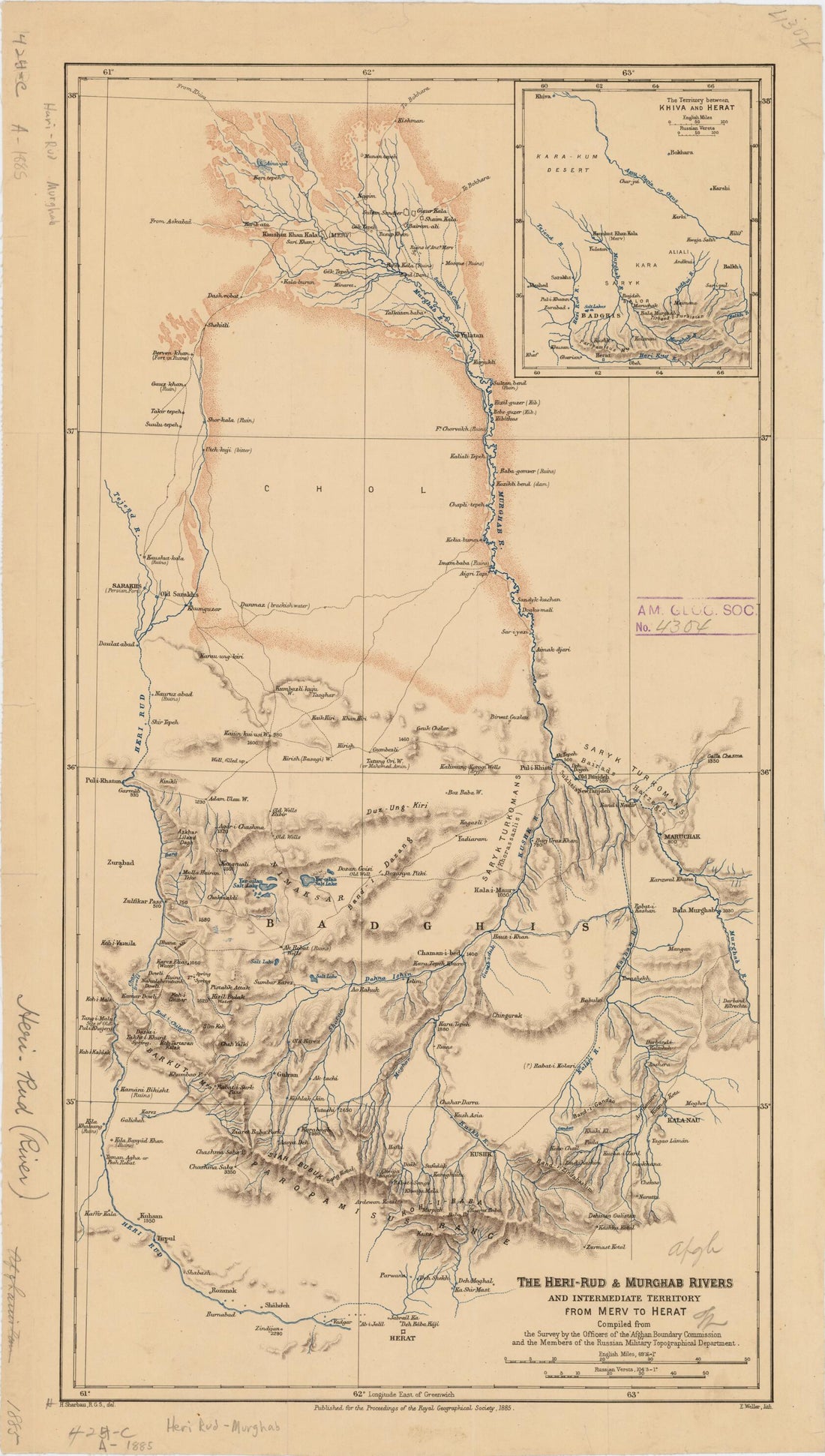 This old map of Rud and Murghab Rivers and Intermediate Territory from Merv to Herat from 1885 was created by  Afghan Boundary Commission,  Royal Geographical Society (Great Britain),  Russia. General Staff. Military Topography Directorate, Henry Sharbau
