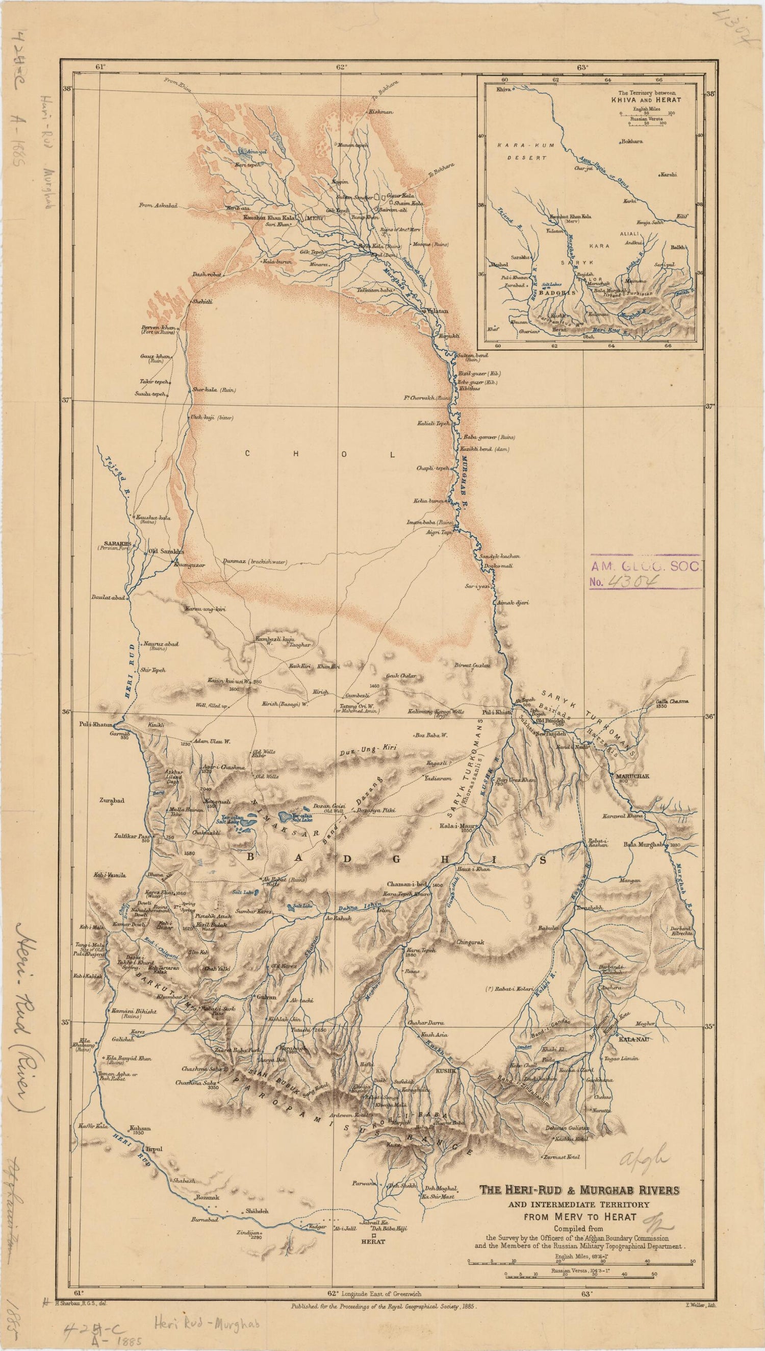 This old map of Rud and Murghab Rivers and Intermediate Territory from Merv to Herat from 1885 was created by  Afghan Boundary Commission,  Royal Geographical Society (Great Britain),  Russia. General Staff. Military Topography Directorate, Henry Sharbau