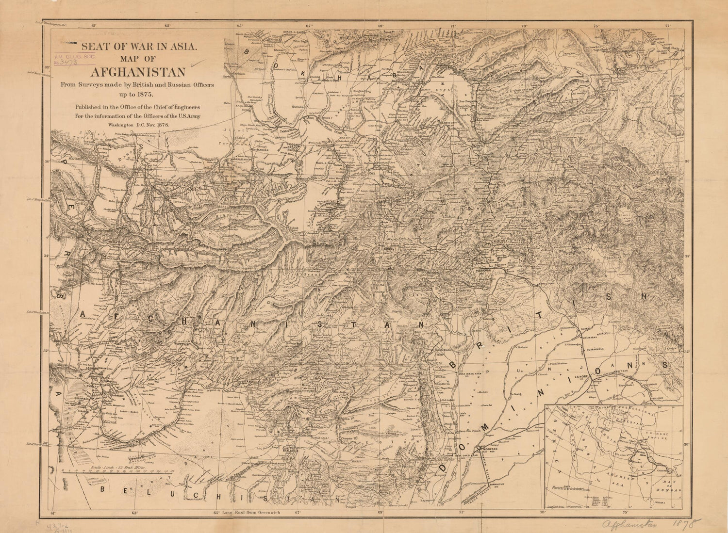 This old map of Seat of War In Asia. Map of Afghanistan from Surveys Made by British and Russian Officers Up to 1875 from 1878 was created by  Great Britain,  Russia,  United States. Army. Office of the Chief of Engineers in 1878