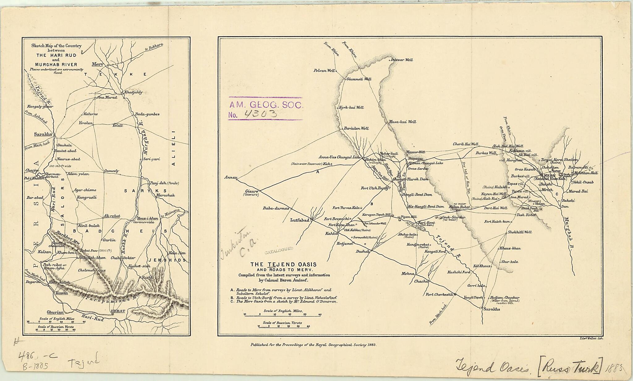 This old map of Sketch Map of the Country Between the Hari Rud and Murghab River. the Tejend Oasis and Roads to Merv from 1883 was created by Baron Aminof, Edmund O&